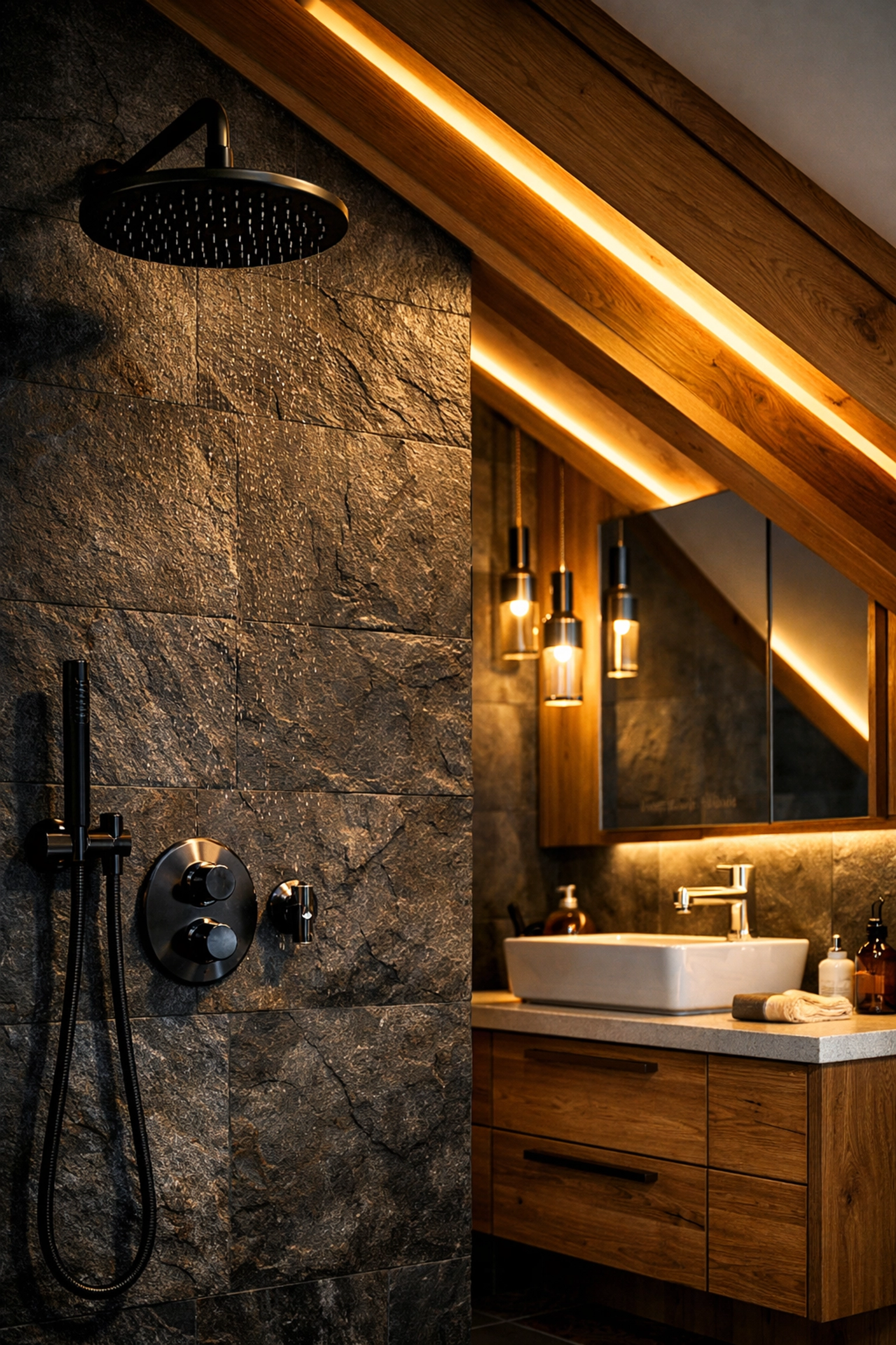 Luxury loft conversion master ensuite bathroom with premium fixtures and slate tiling in Bognor Regis.