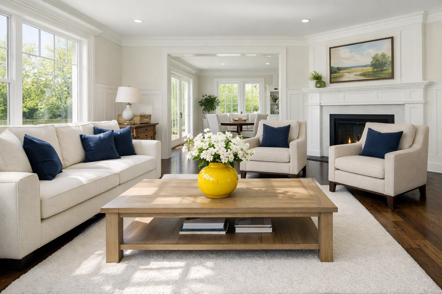 Sunlit living room in Stow, MA with dust-free surfaces and clean hardwood floors after a professional deep clean.