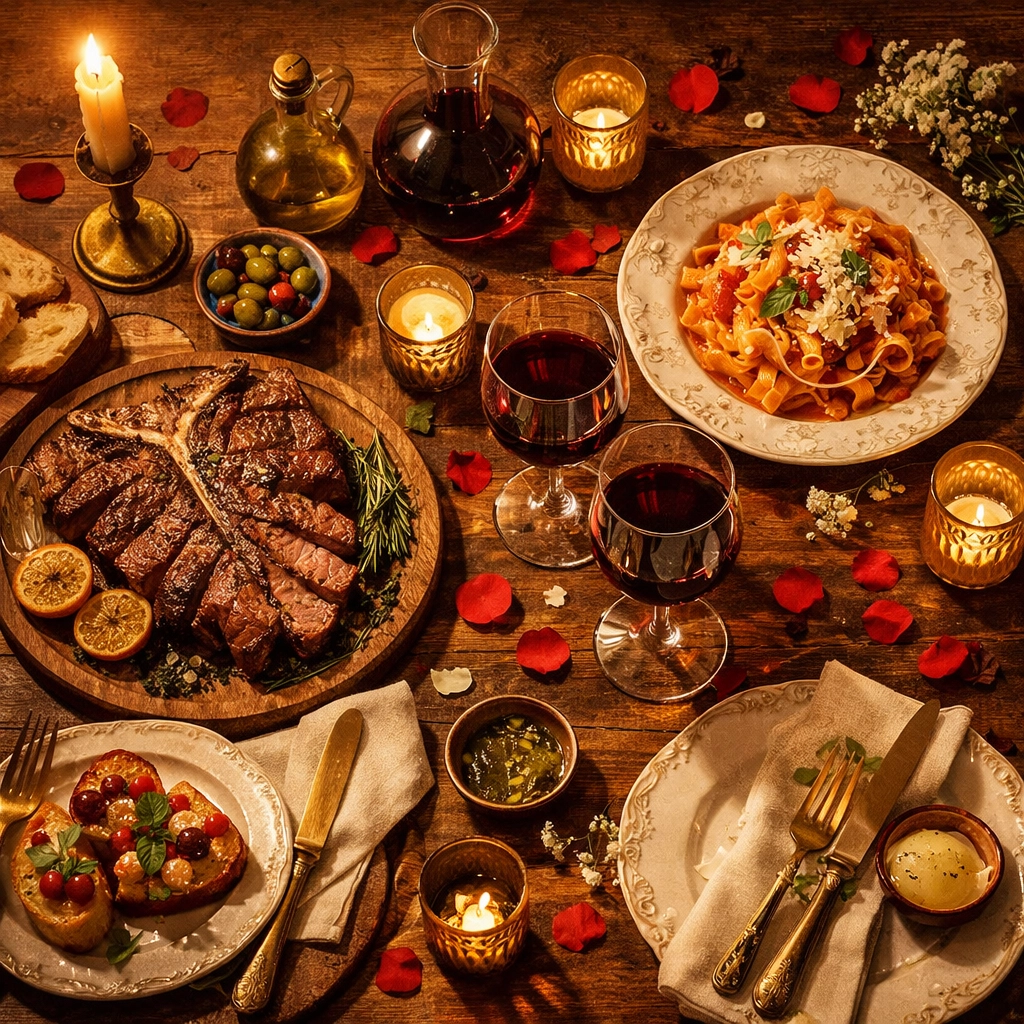 Romantic Italian wedding dinner with traditional Tuscan dishes and Chianti wine for two grooms