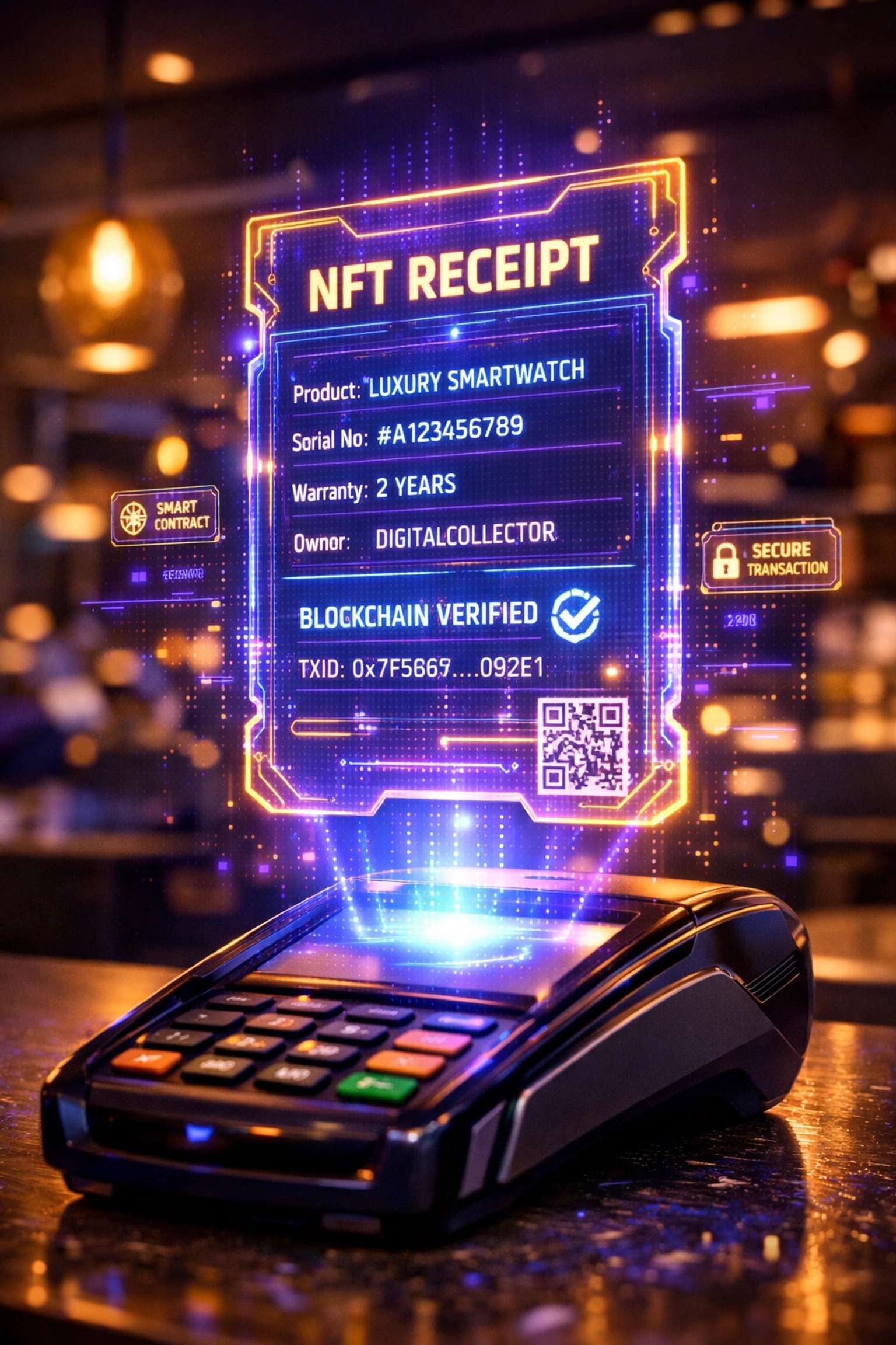 NFT receipt hologram above POS terminal showing blockchain verification for crypto merchant payment