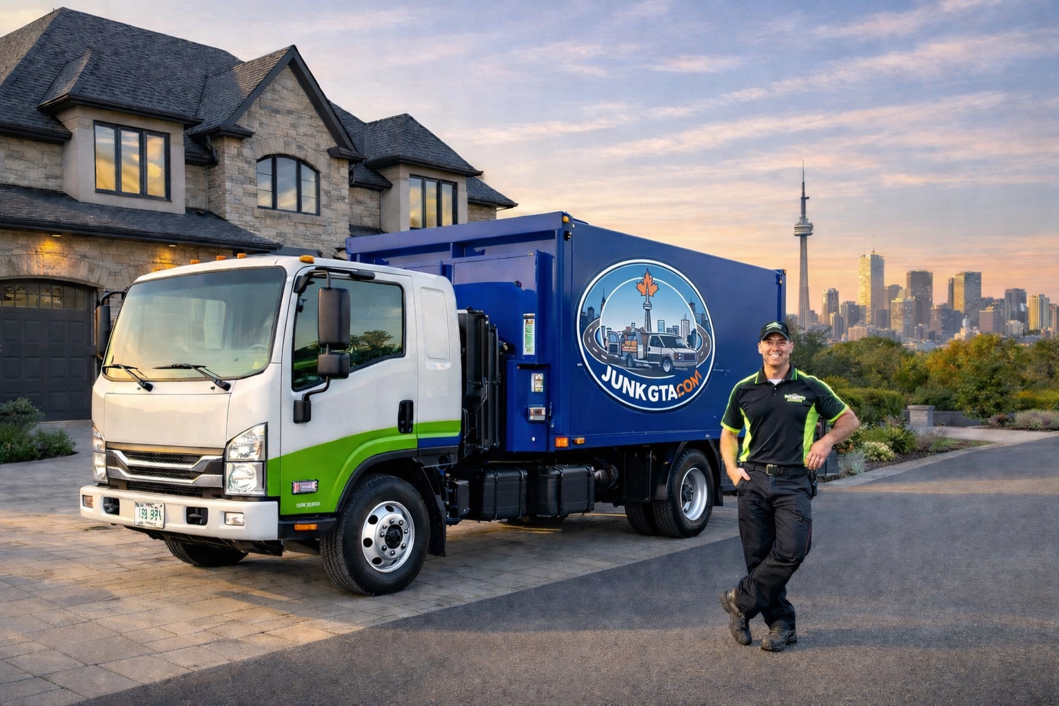 What Can I Put in a Construction Debris Removal Bin? Junk GTA truck on a clean Vaughan driveway after professional construction debris removal and site cleanup.