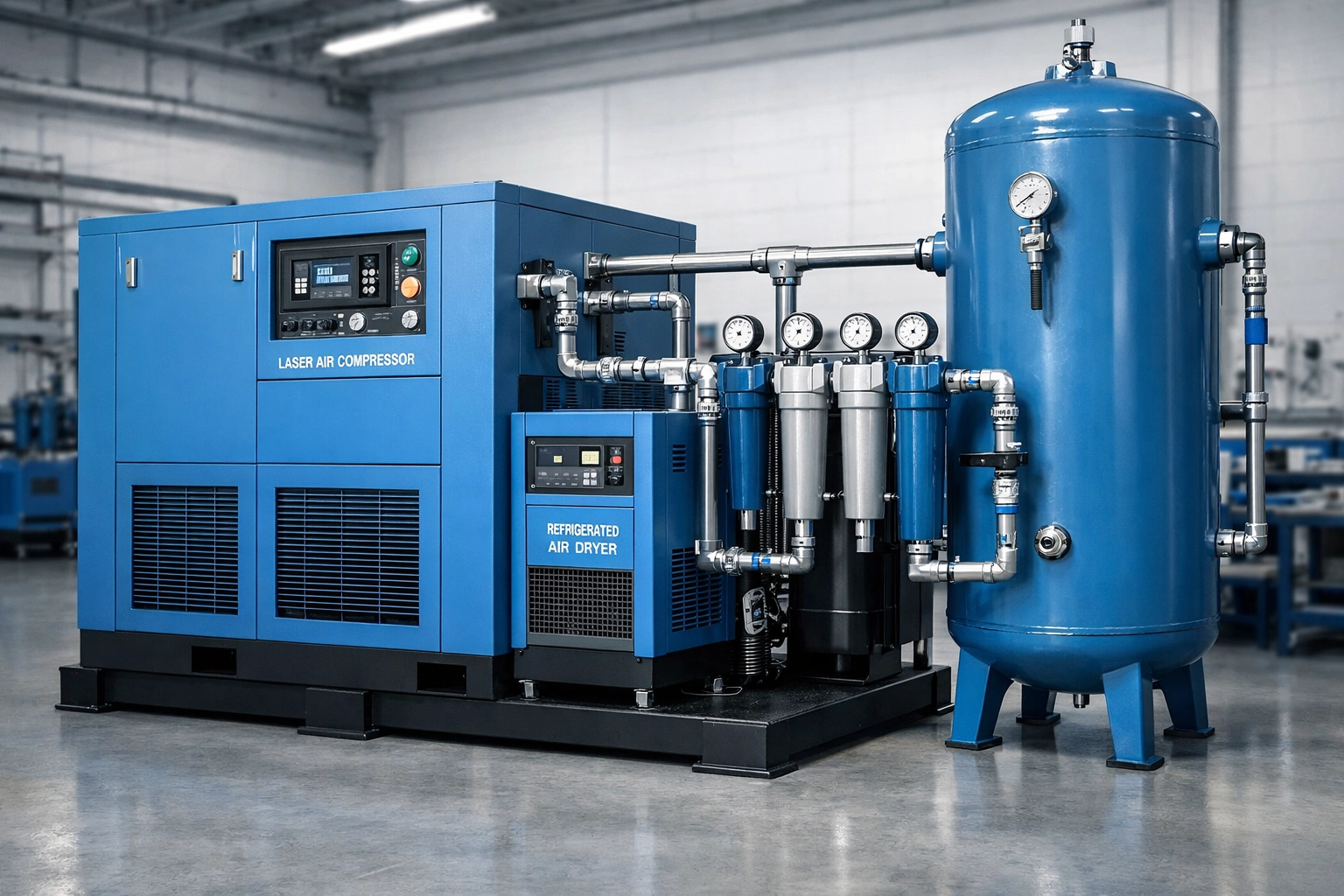 Integrated laser cutting air compressor package with dryer and filtration system