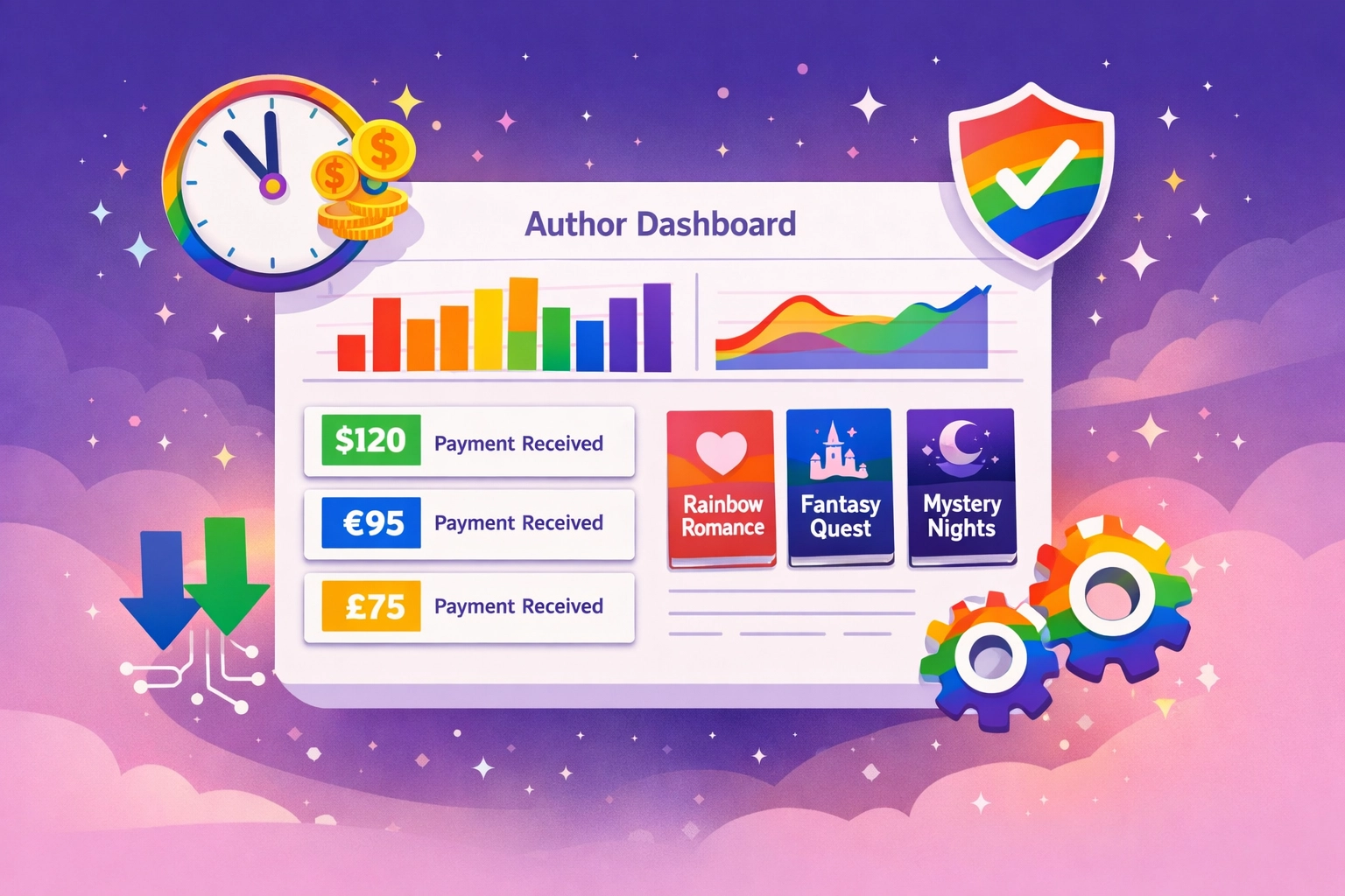 Author dashboard showing daily payouts and automated features for selling LGBTQ+ ebooks