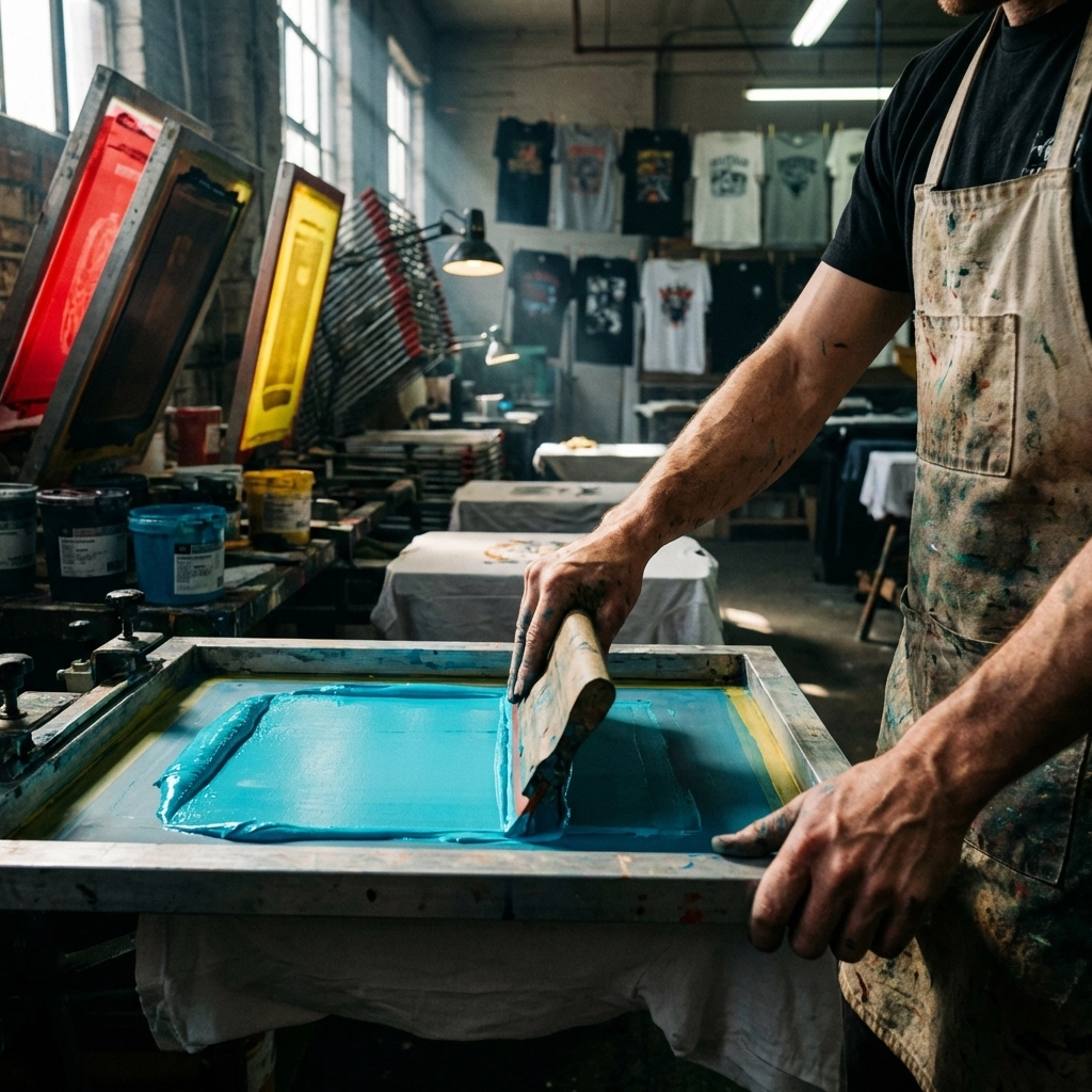 Hands operate a squeegee during screen printing, spreading bright cyan ink across a mesh screen to create bold, textured custom shirts.