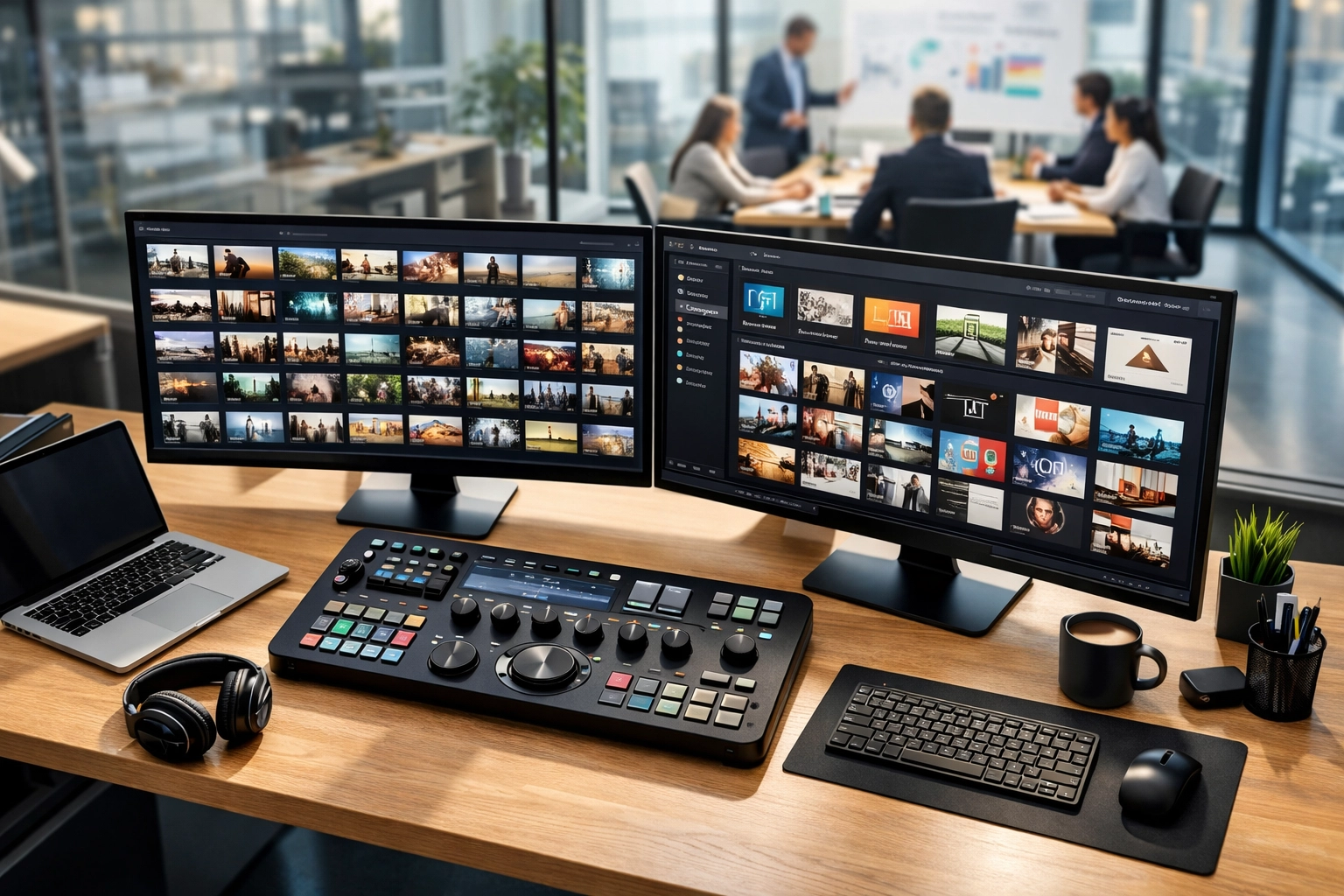 Professional digital media library on workstation monitors for efficient media asset management and organization.