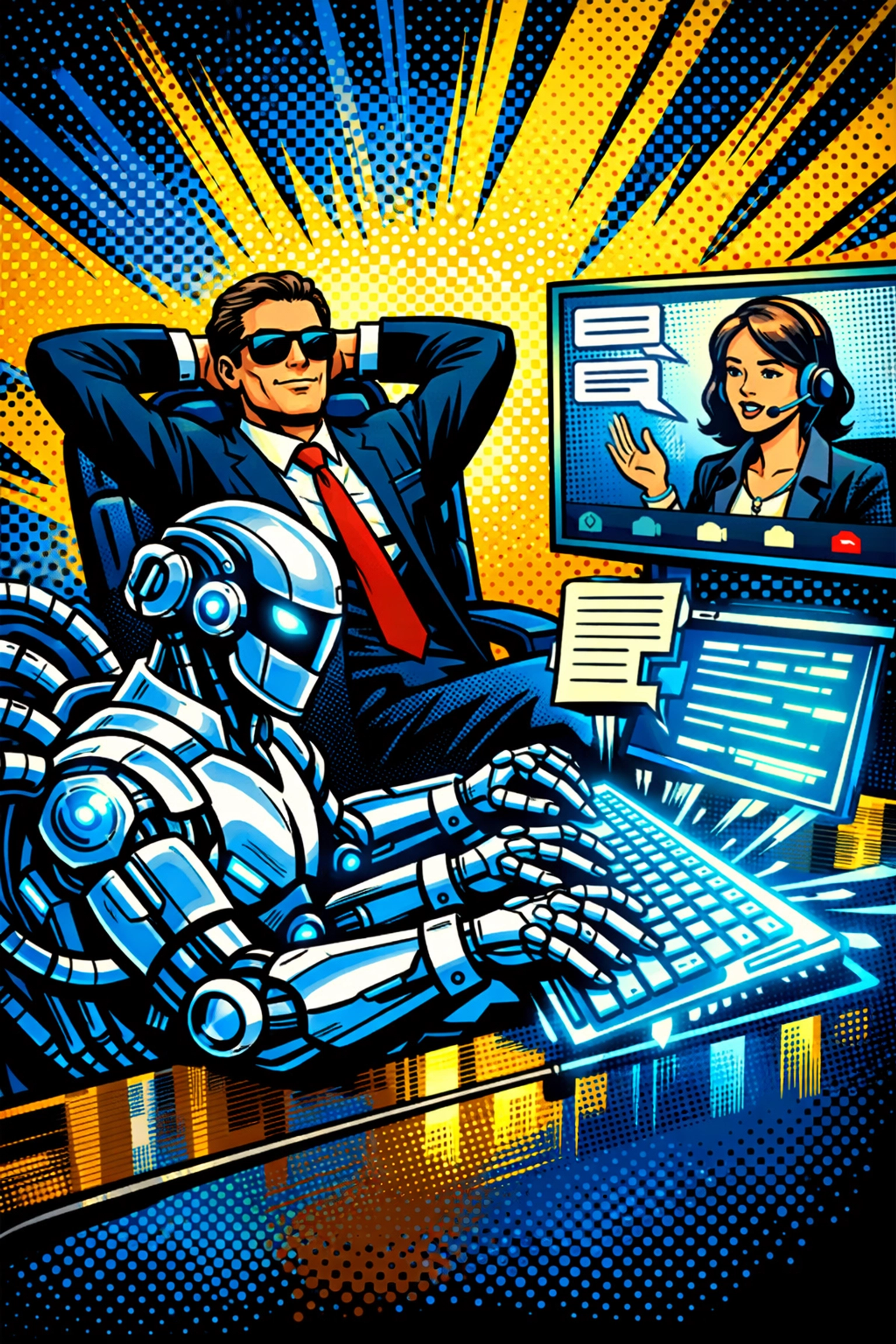 AI assistant transcribing a meeting while a relaxed CEO focuses on high-level strategy.