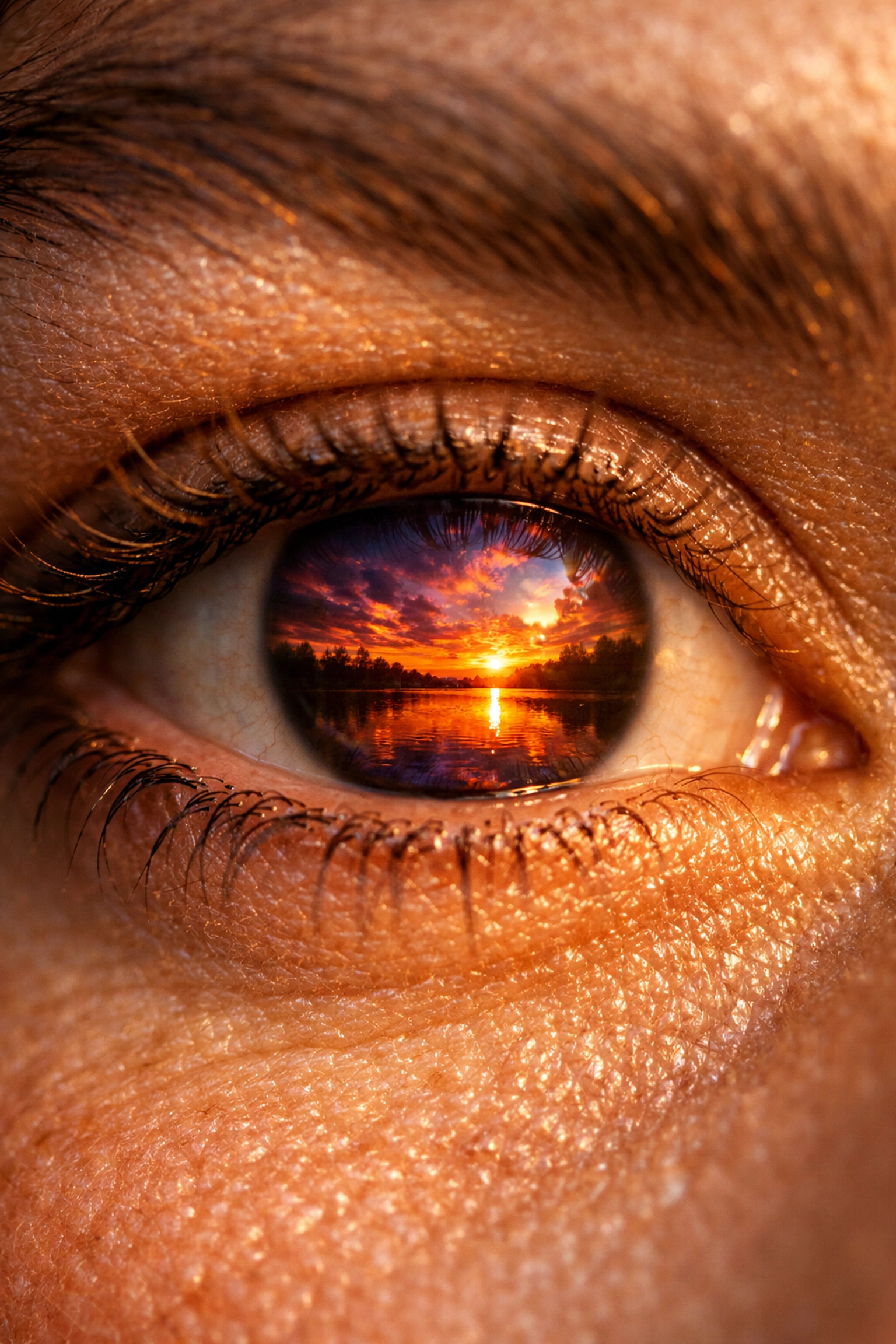 Close-up of a photographer's eye reflecting a sunset, representing the creative vision found in photo editing tutorials.