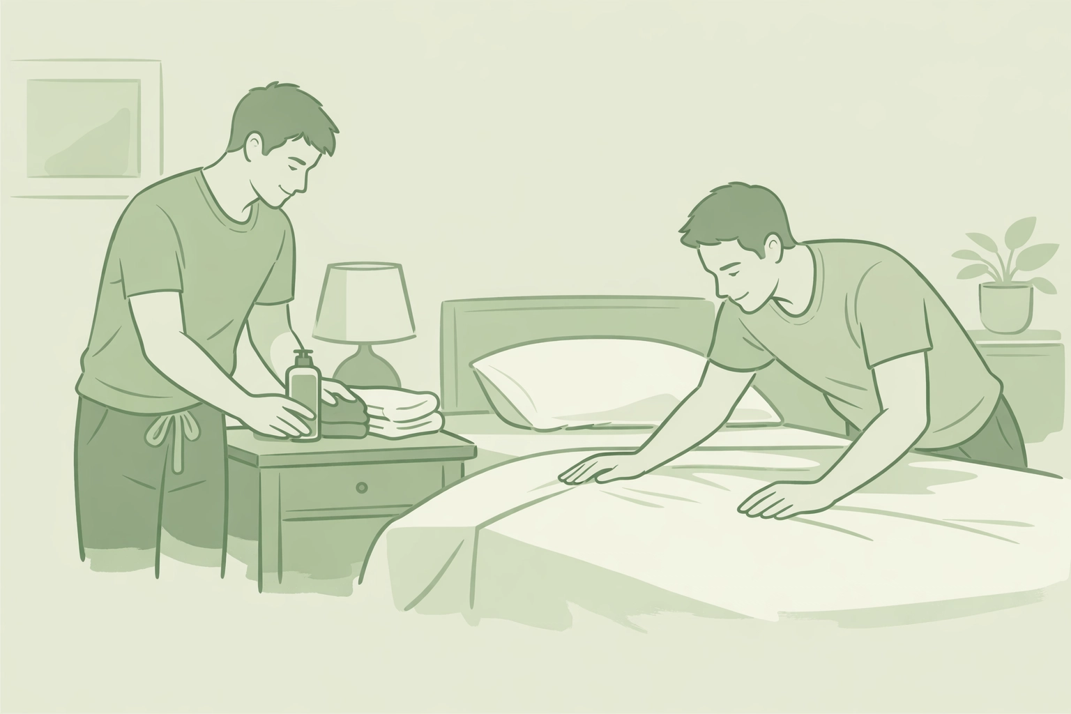 Gay couple preparing bedroom together with care for meaningful first-time intimacy