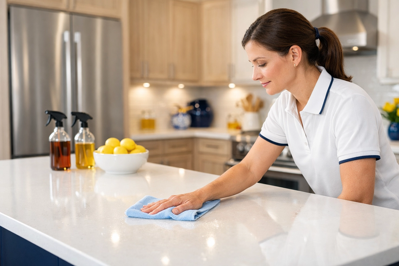 Professional house cleaning Burlington MA expert cleaning a modern kitchen with eco-friendly supplies.