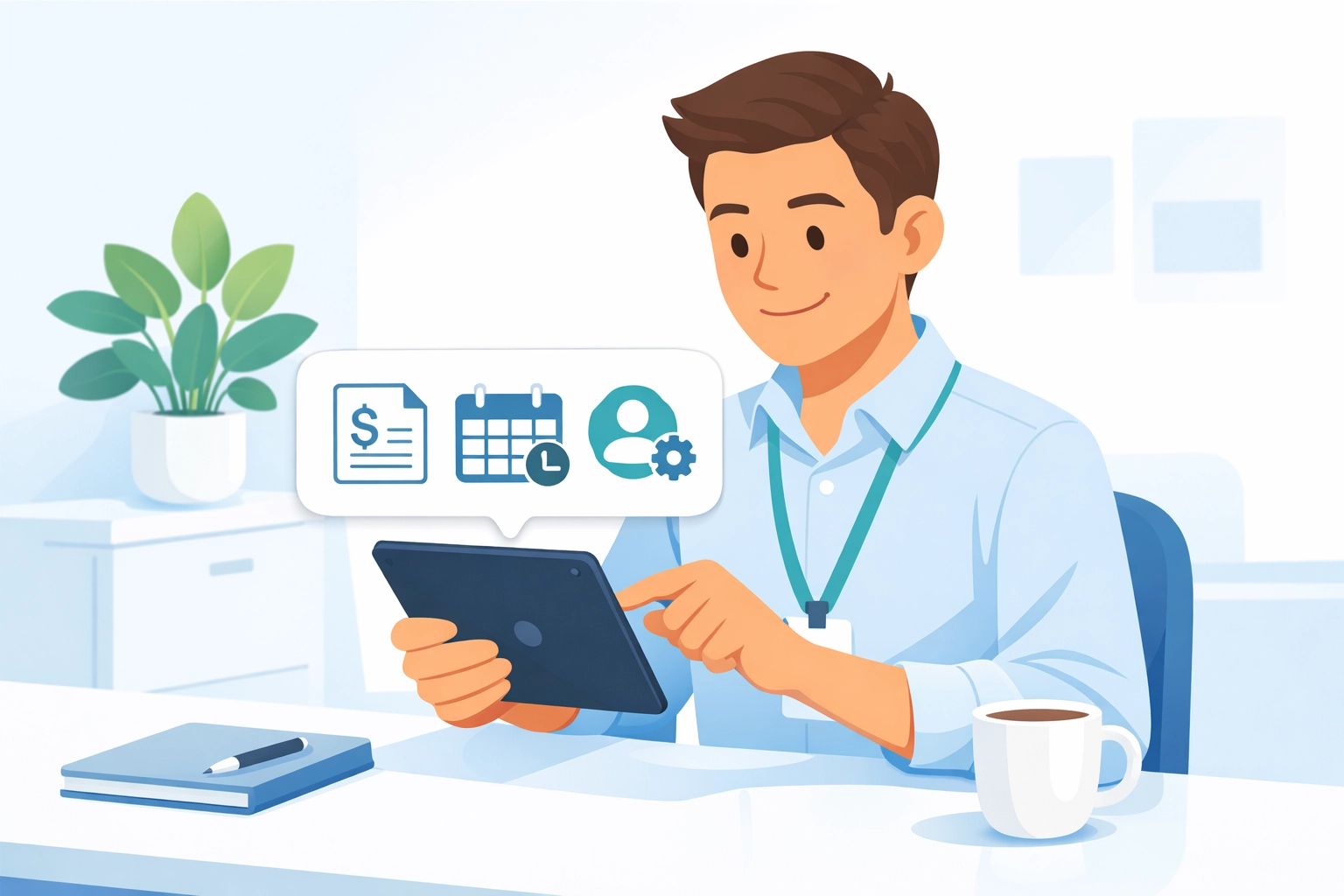 Employee using tablet to access self-service portal for payslips and HR tasks at modern desk