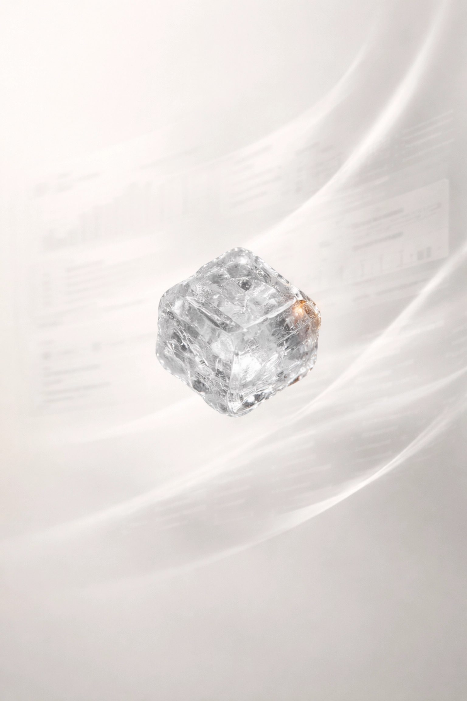 Close-up of a single ingredient crystal floating above flowing documentation, symbolizing supply chain transparency