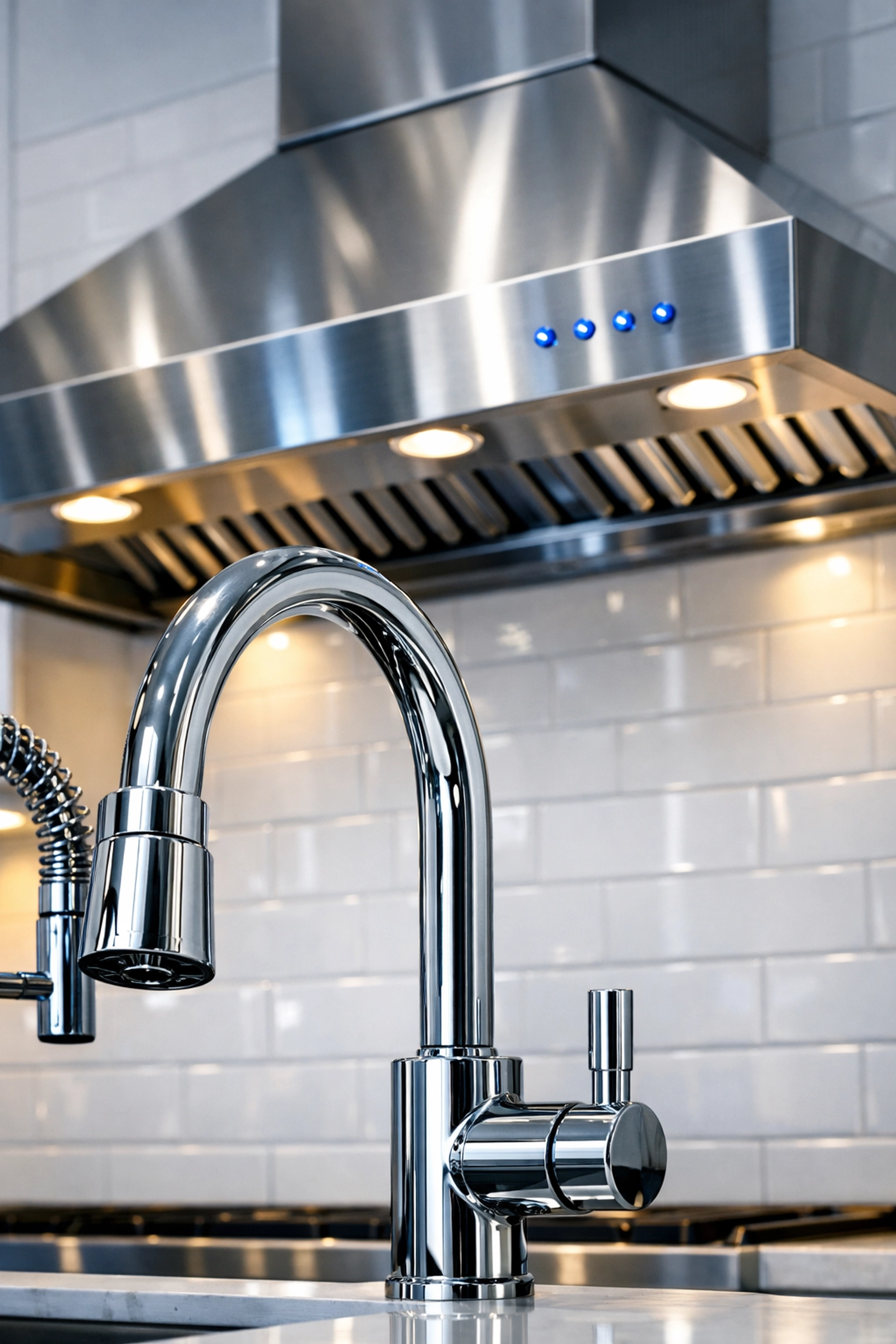 Detailed eco-friendly luxury cleaning in Longmeadow on high-end stainless steel kitchen fixtures and backsplash.