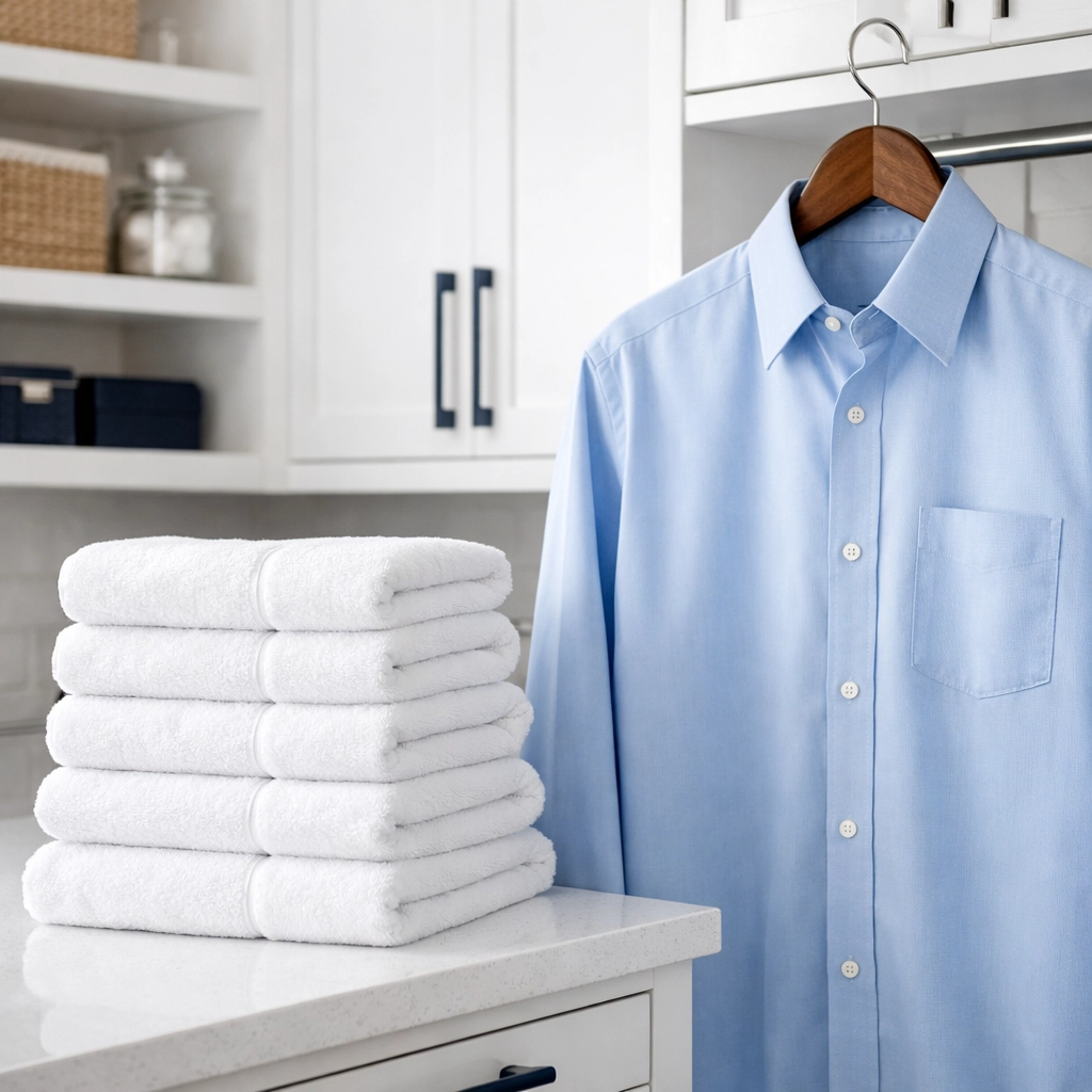 Professionally folded laundry and ironed shirt in a clean Boxford laundry room.