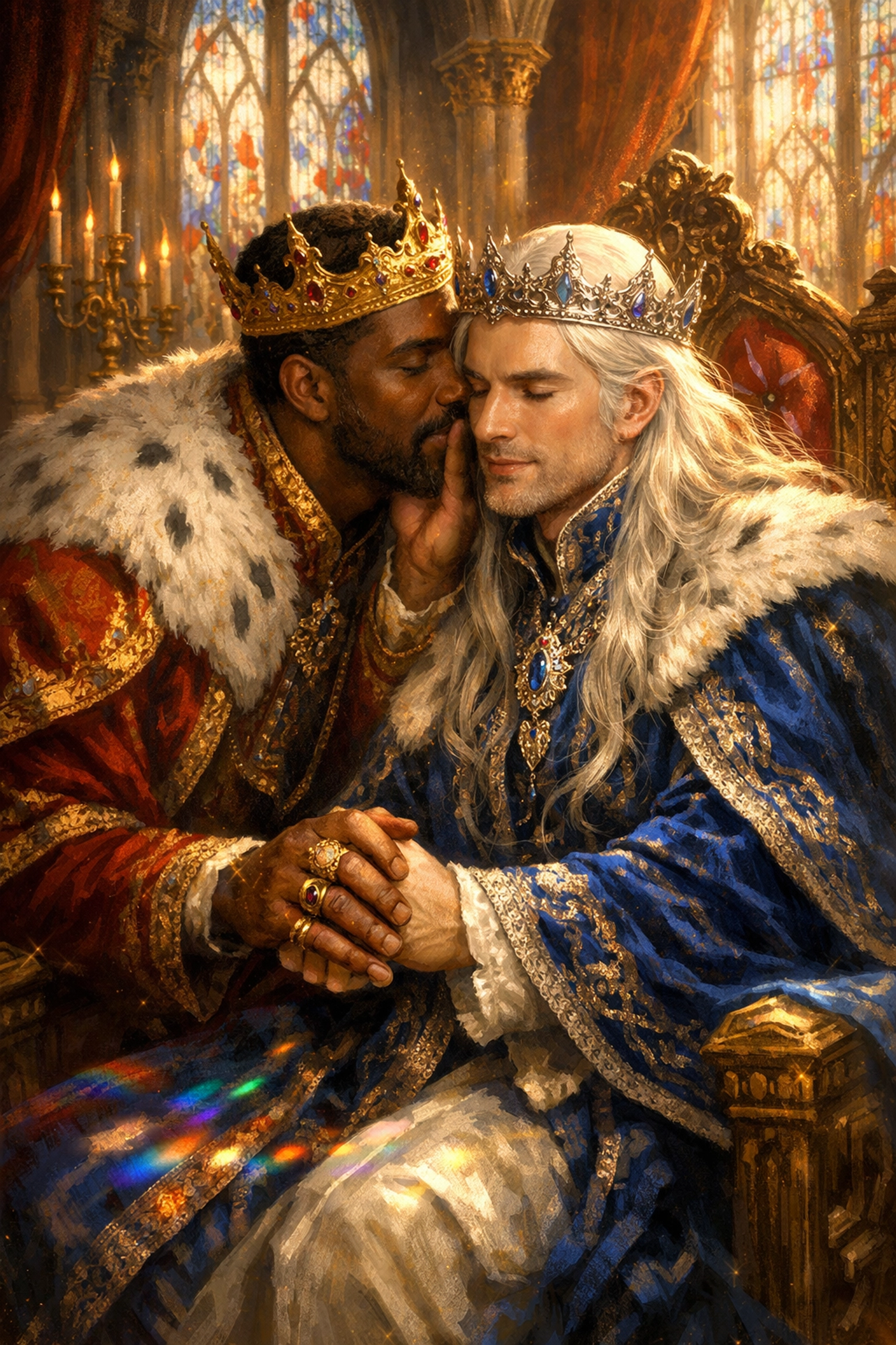 Two kings in ornate royal robes share an intimate moment in a throne room, a scene from a gay fantasy romance.