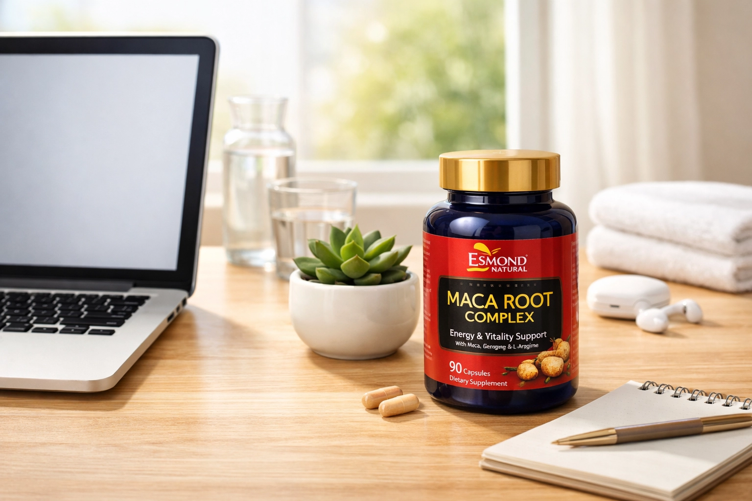 Esmond Natural Maca Root Complex on a modern desk representing a healthy, high-quality supplement routine.