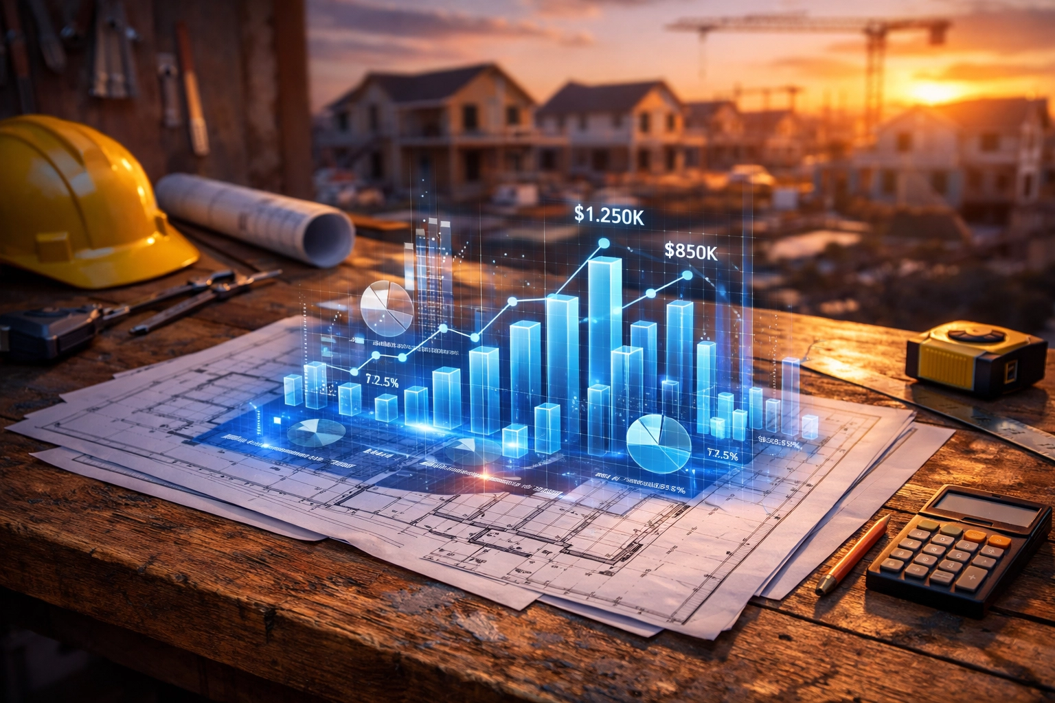 Blueprints and financial data charts illustrating job costing and tax preparation for Dallas contractors.