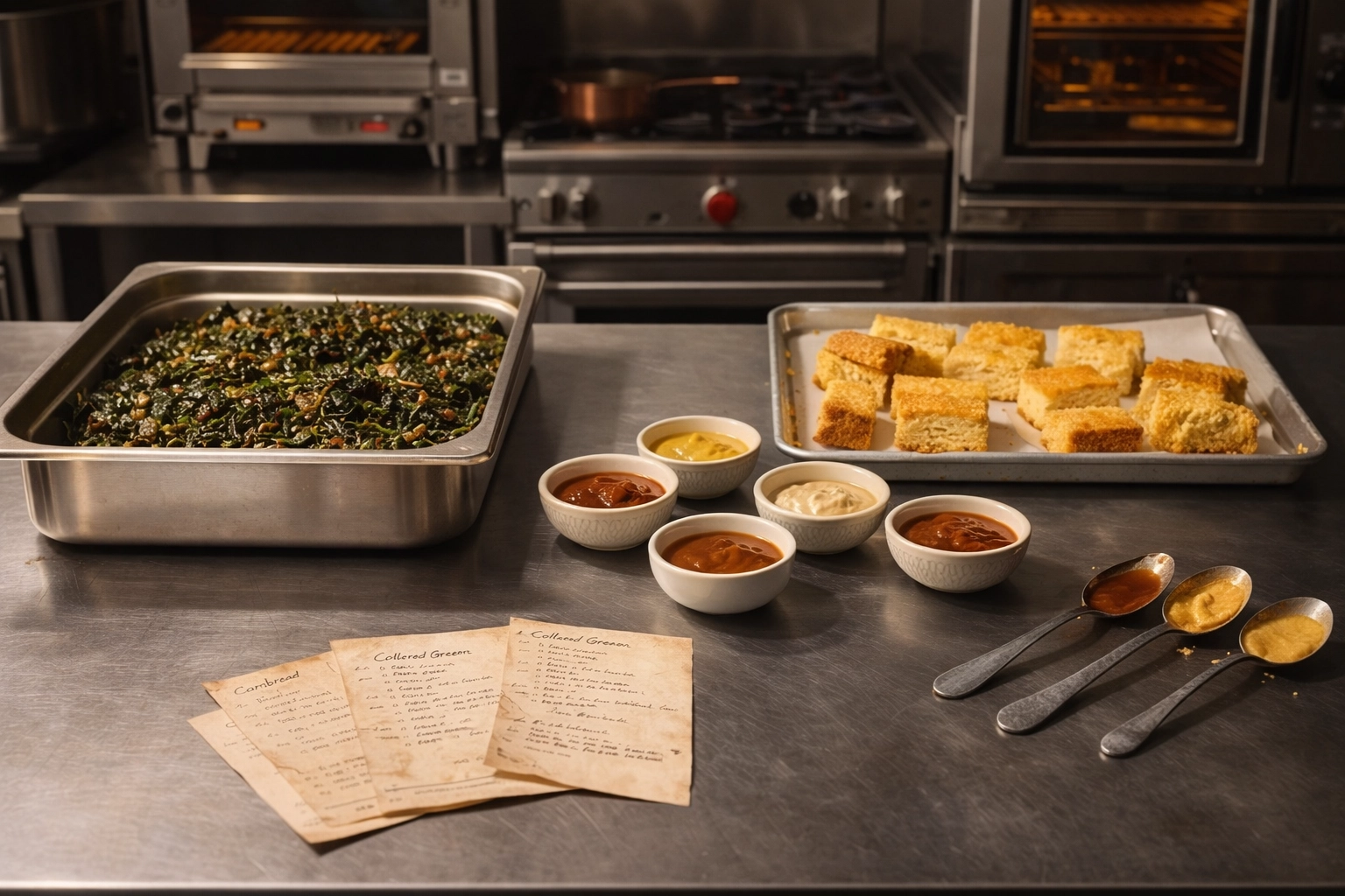Cornbread and collard greens set out for winter menu testing on a stainless steel counter in a professional kitchen