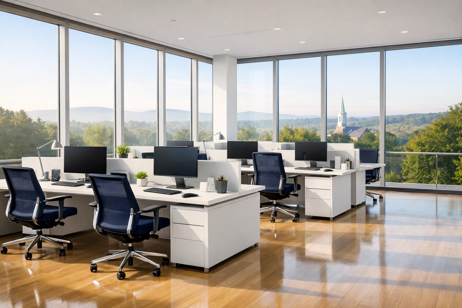 Sanitized modern workstations in a Bedford office showing the results of professional office cleaning in Bedford.