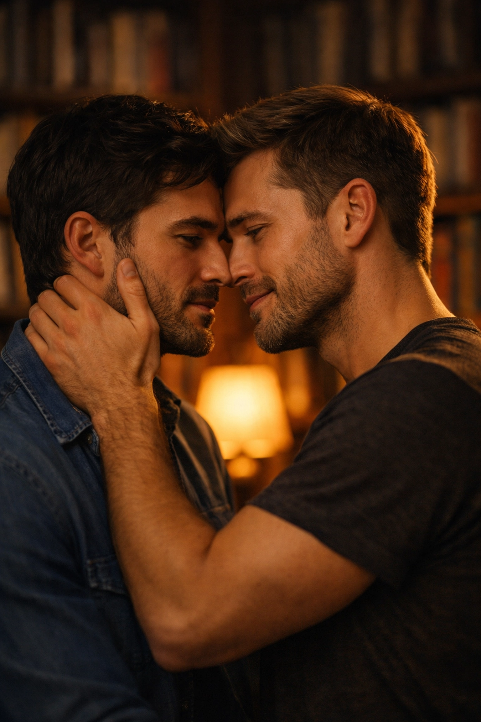 Two men sharing a tender, intimate moment in a library, capturing the heart of MM romance stories.