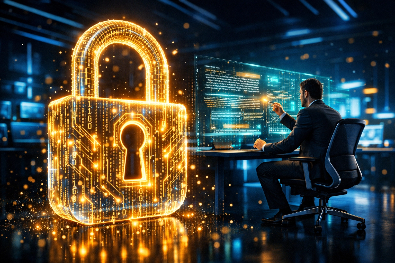 Sicherer Umgang mit ChatGPT: Digitales Schloss symbolisiert Datensicherheit und Inhaltsprüfung im Büro.