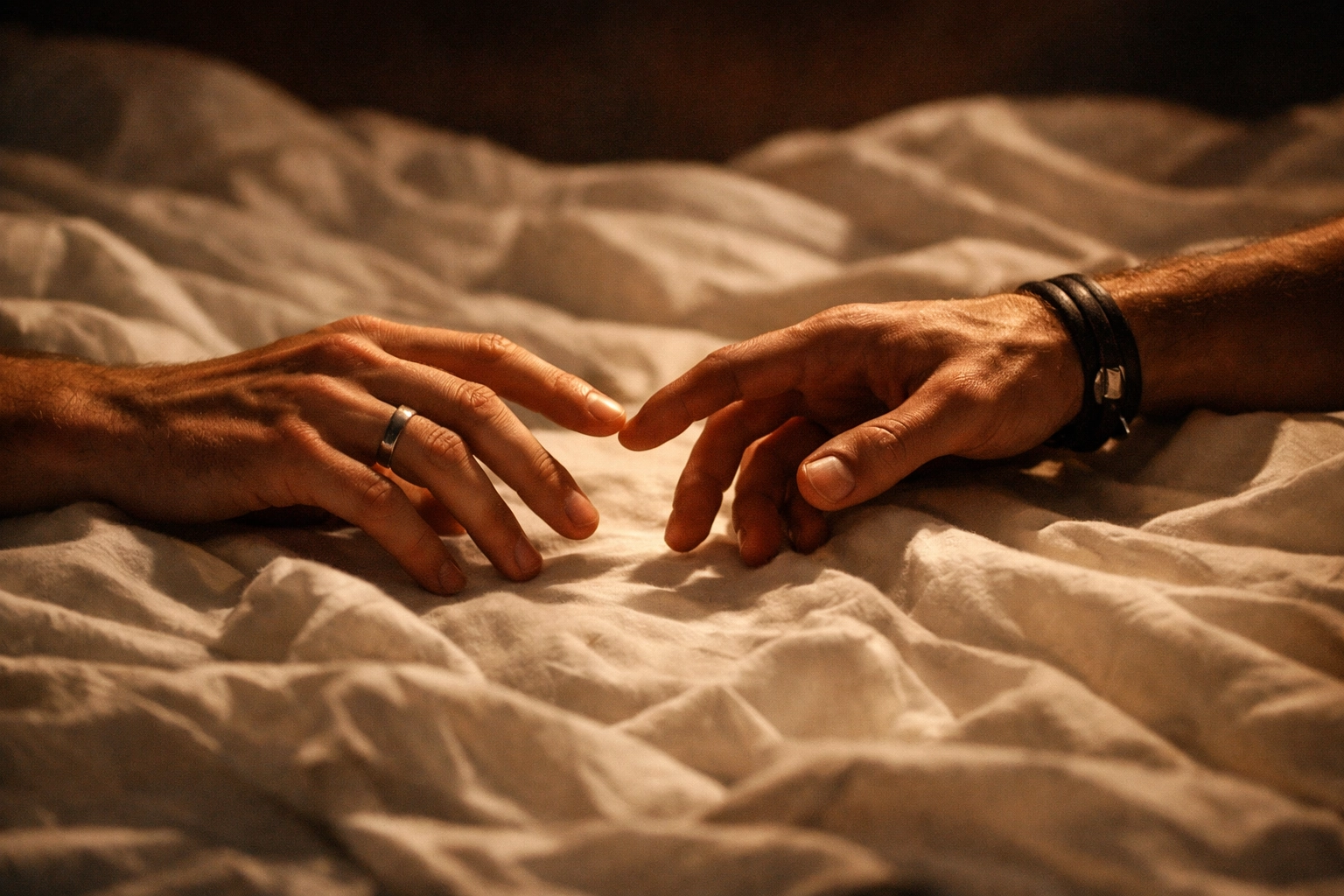 Two men's hands reaching toward each other creating romantic tension and anticipation