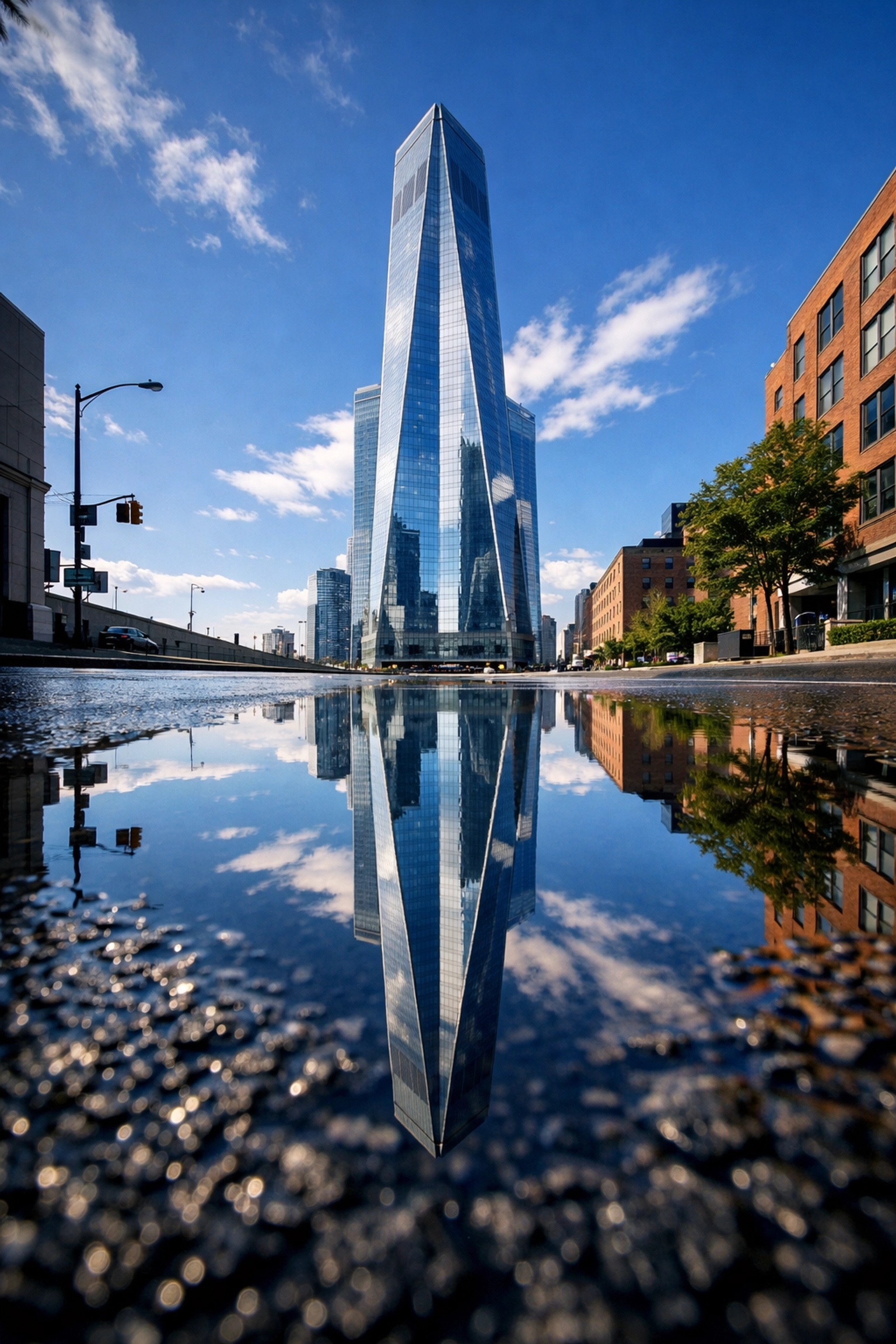 Creative puddle reflection of an urban skyscraper showing unique composition in city photography.