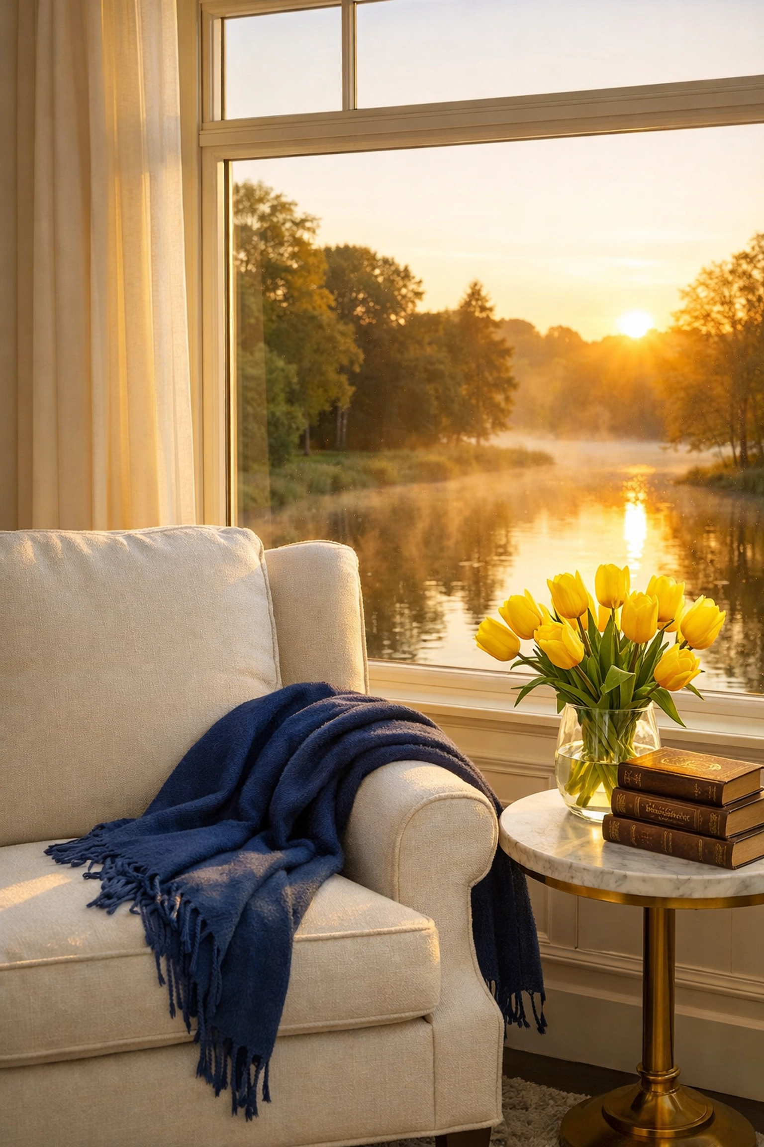Clean and peaceful Concord home interior overlooking a pond near Walden Pond State Reservation.