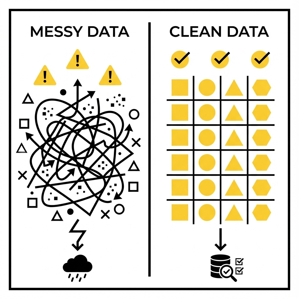 Messy vs. Clean Data: Left shows tangled lines and symbols with warning icons; right shows organized shapes in a grid with check marks.