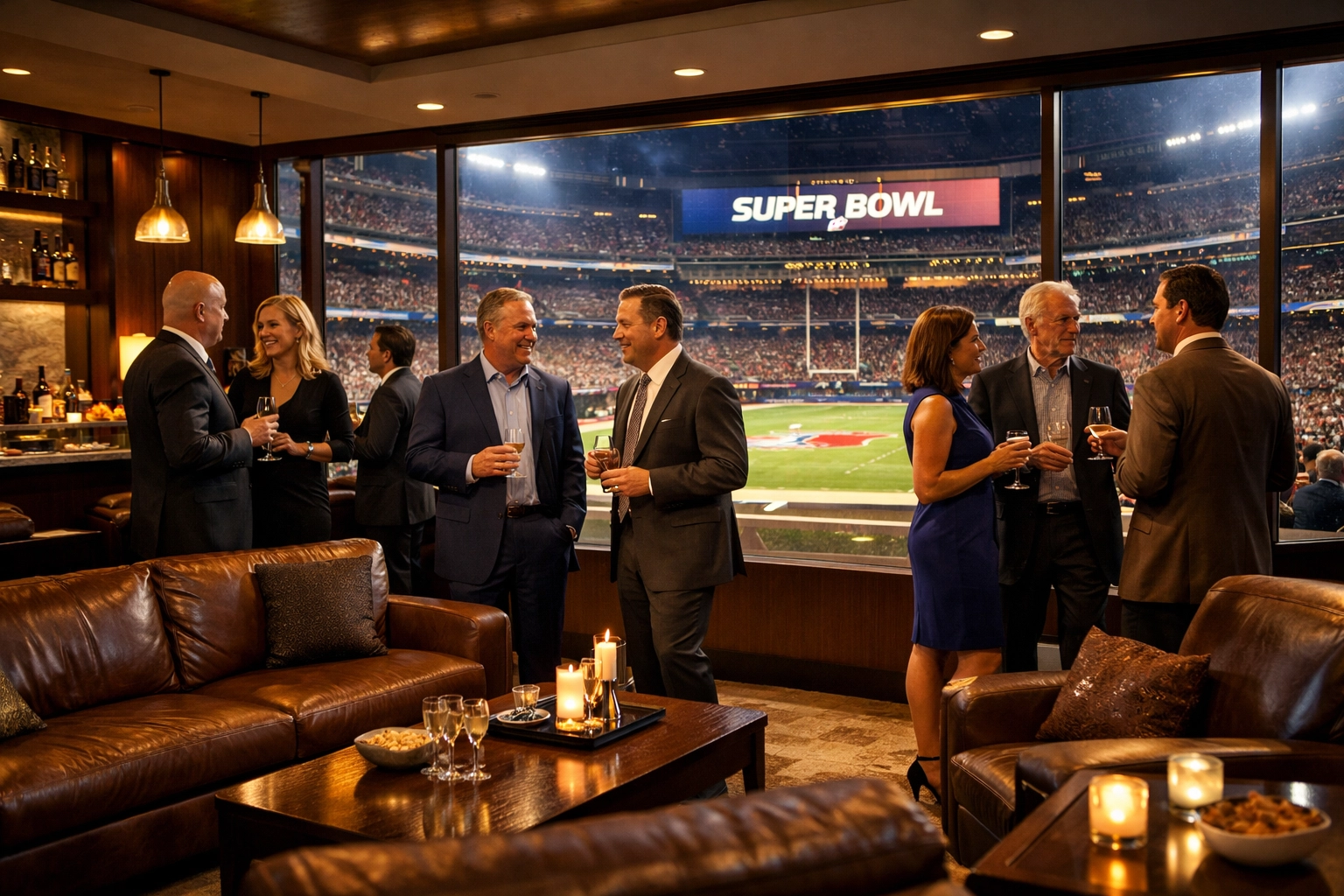 NEWSLETTER: Your Quick-Start Guide to Super Bowl Networking Success – Transform Game Day Into Deal-Closing Gold Luxury Super Bowl hospitality suite with executives networking before the game