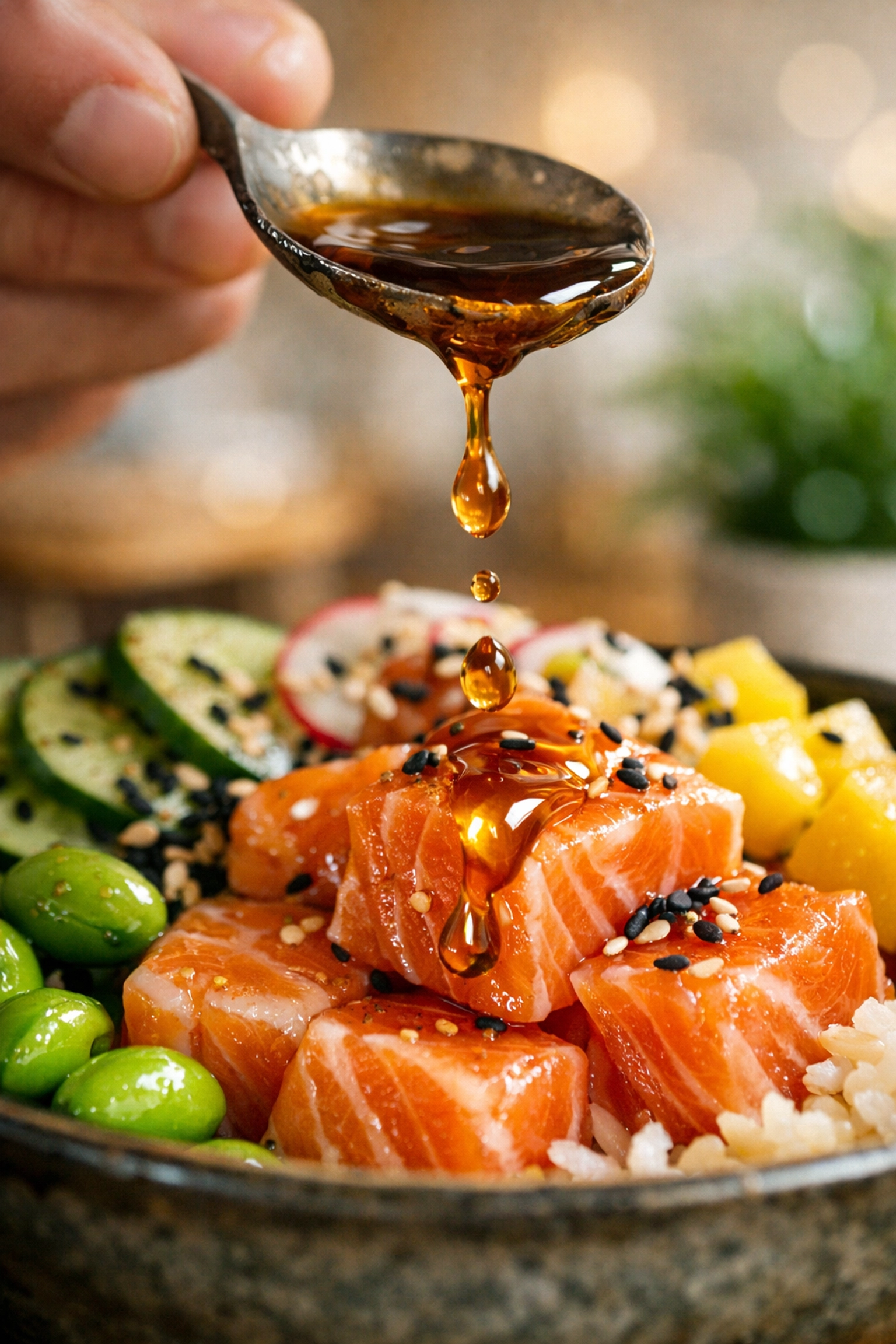Préparation artisanale d'un poke bowl avec sauce maison et saumon frais chez Oh My Bowl.