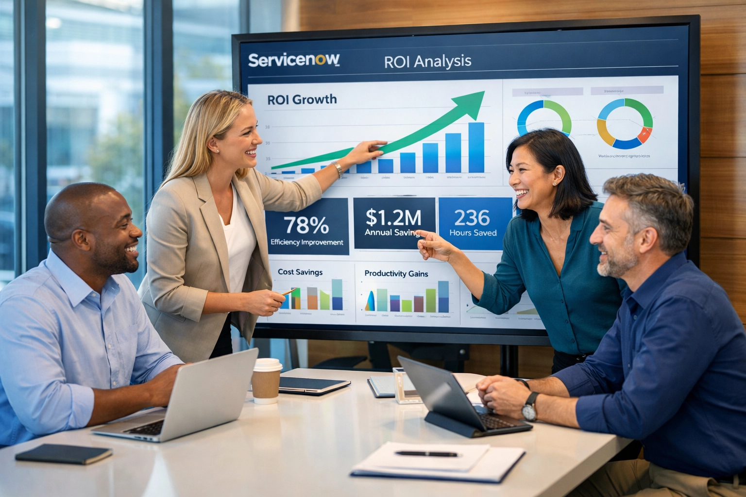 Business team analyzing ServiceNow ROI dashboards and Agentic AI performance metrics