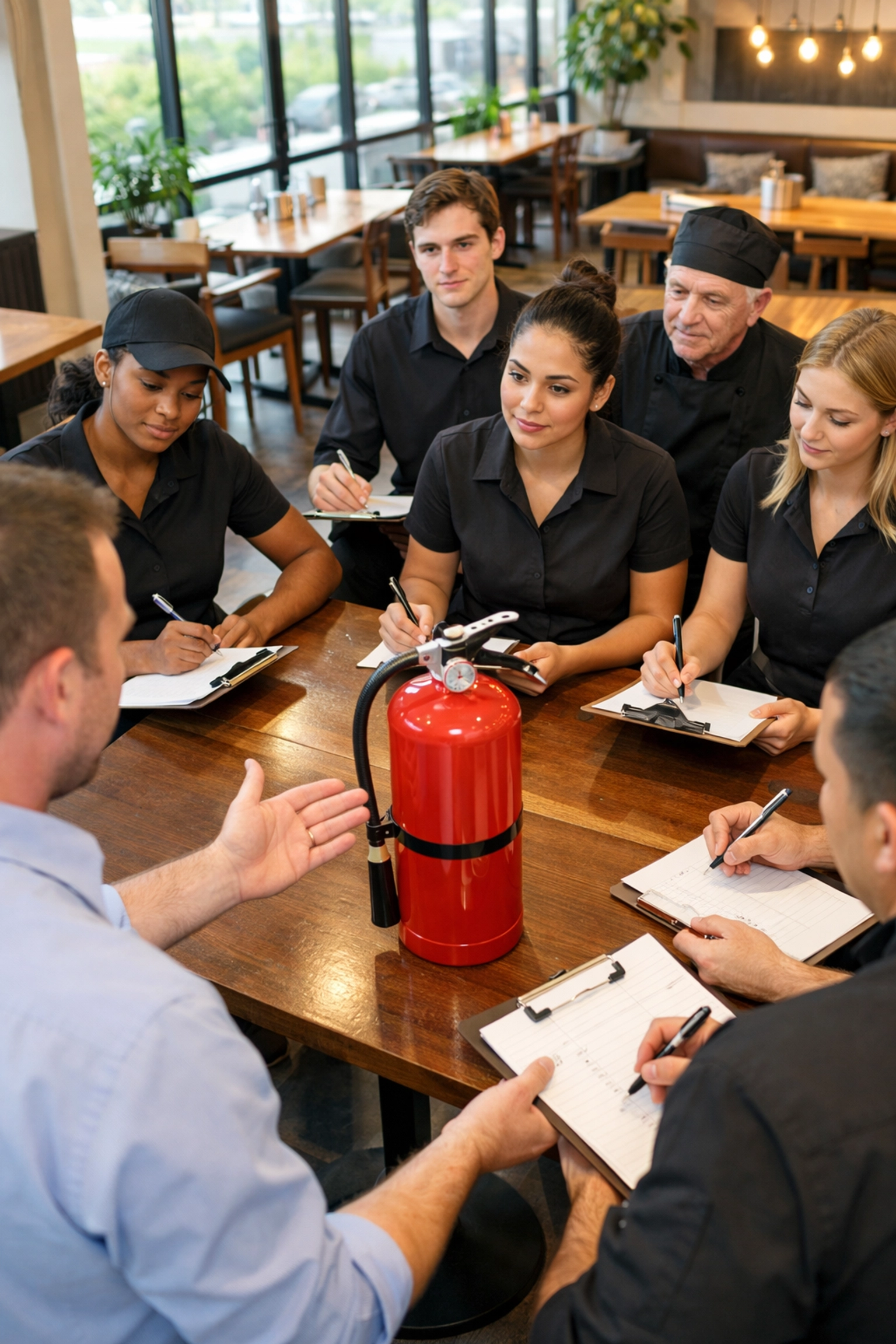 Restaurant staff receiving fire extinguisher training during mandatory fire safety education session