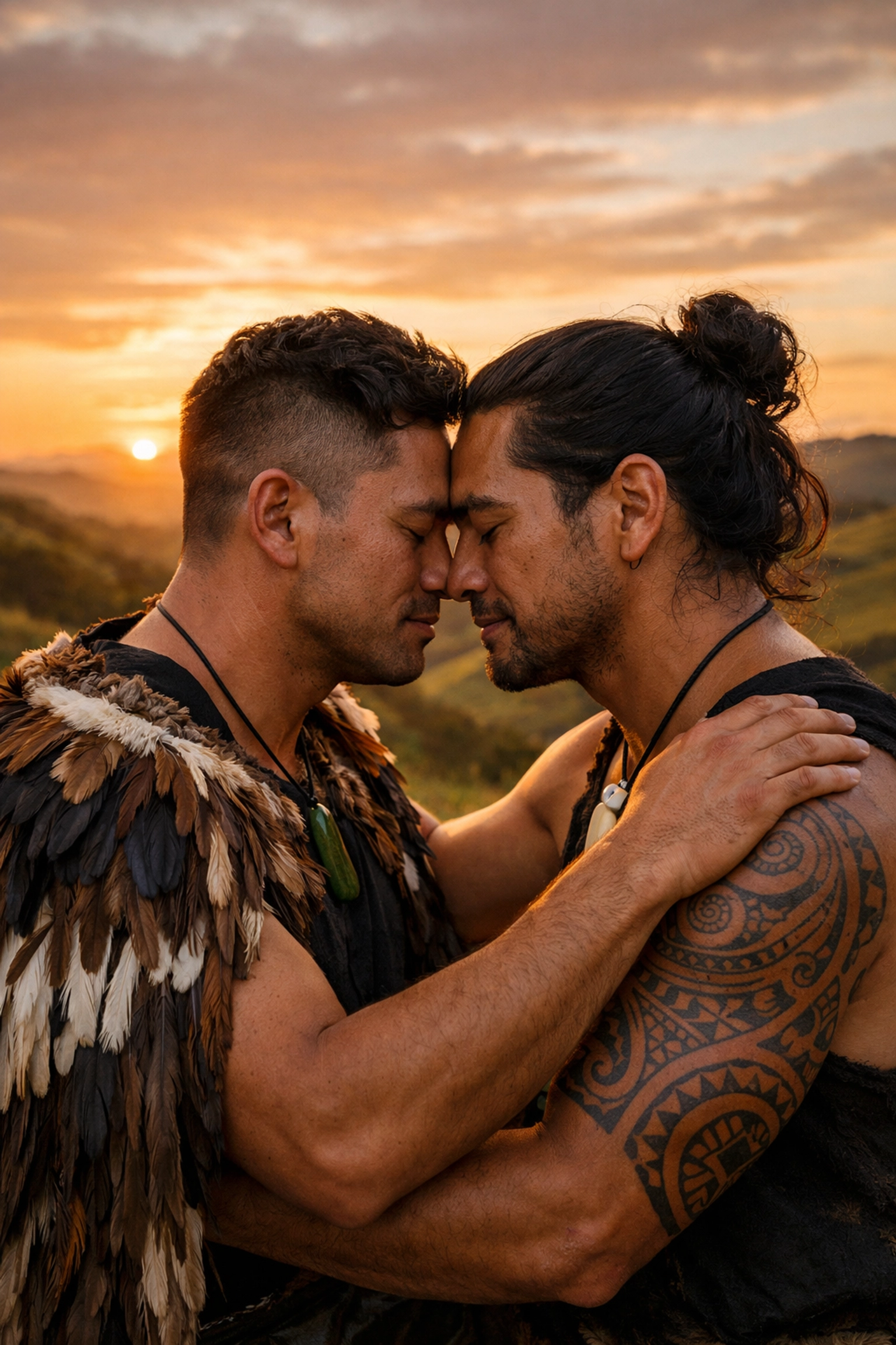 Two Māori men performing a Hongi greeting in New Zealand, representing Takatāpui spiritual identity and gay love.