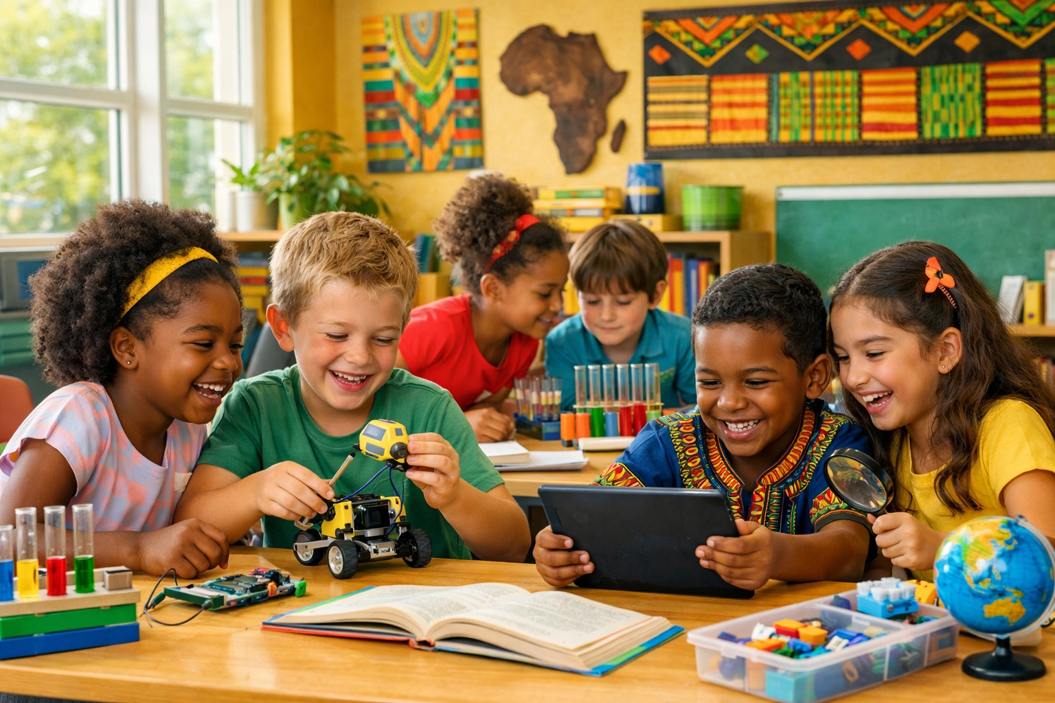 Diverse students engaged with hands-on learning materials in classroom with educational tools