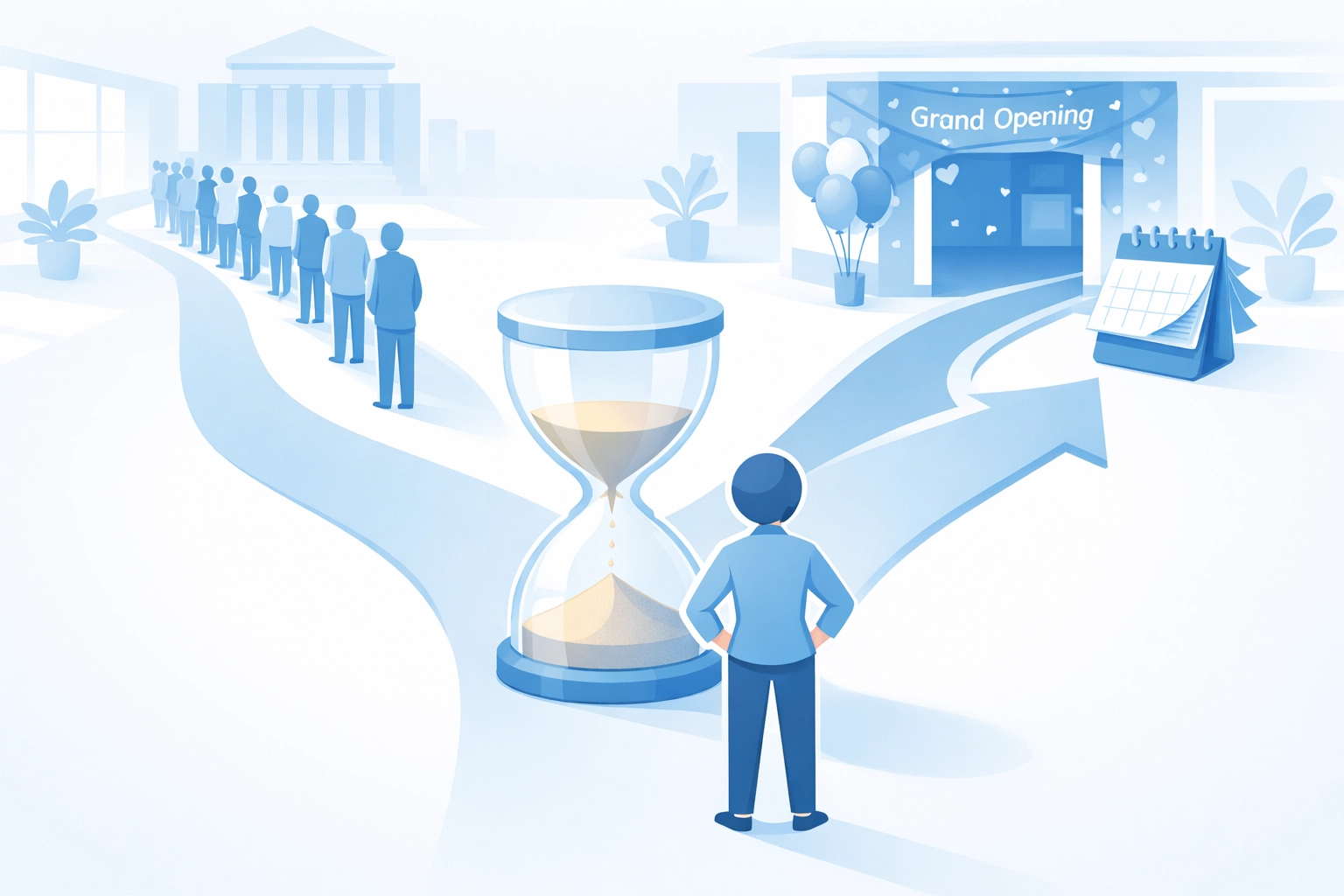 Business owner choosing between slow traditional bank lines and fast-track funding for growth.