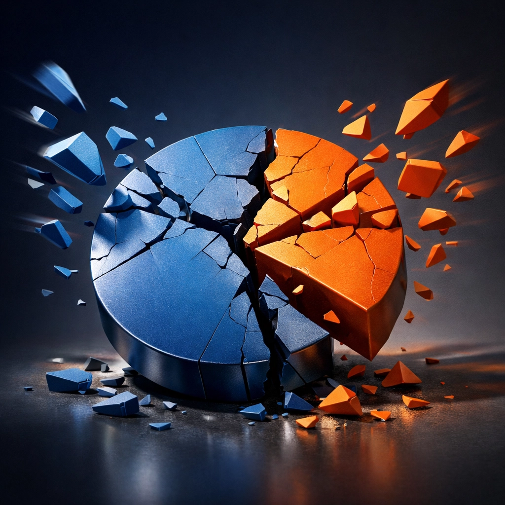Traditional 60/40 portfolio breaking apart showing diversification failure during market stress