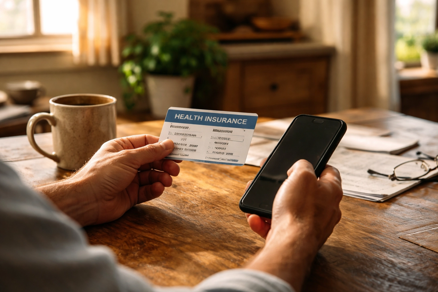Hands holding an insurance card and smartphone at a sunlit Texas kitchen table, verifying Blue Cross Blue Shield rehab coverage.