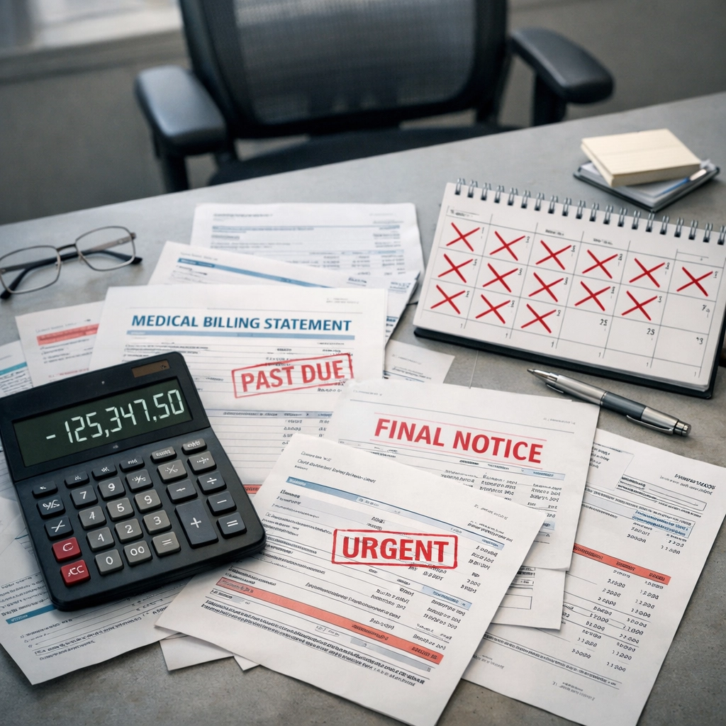 The Hidden Cost of Billing Transitions: How Onboarding Backlogs Drain Your Revenue Medical billing documents and calendar showing revenue cycle backlog during system transition