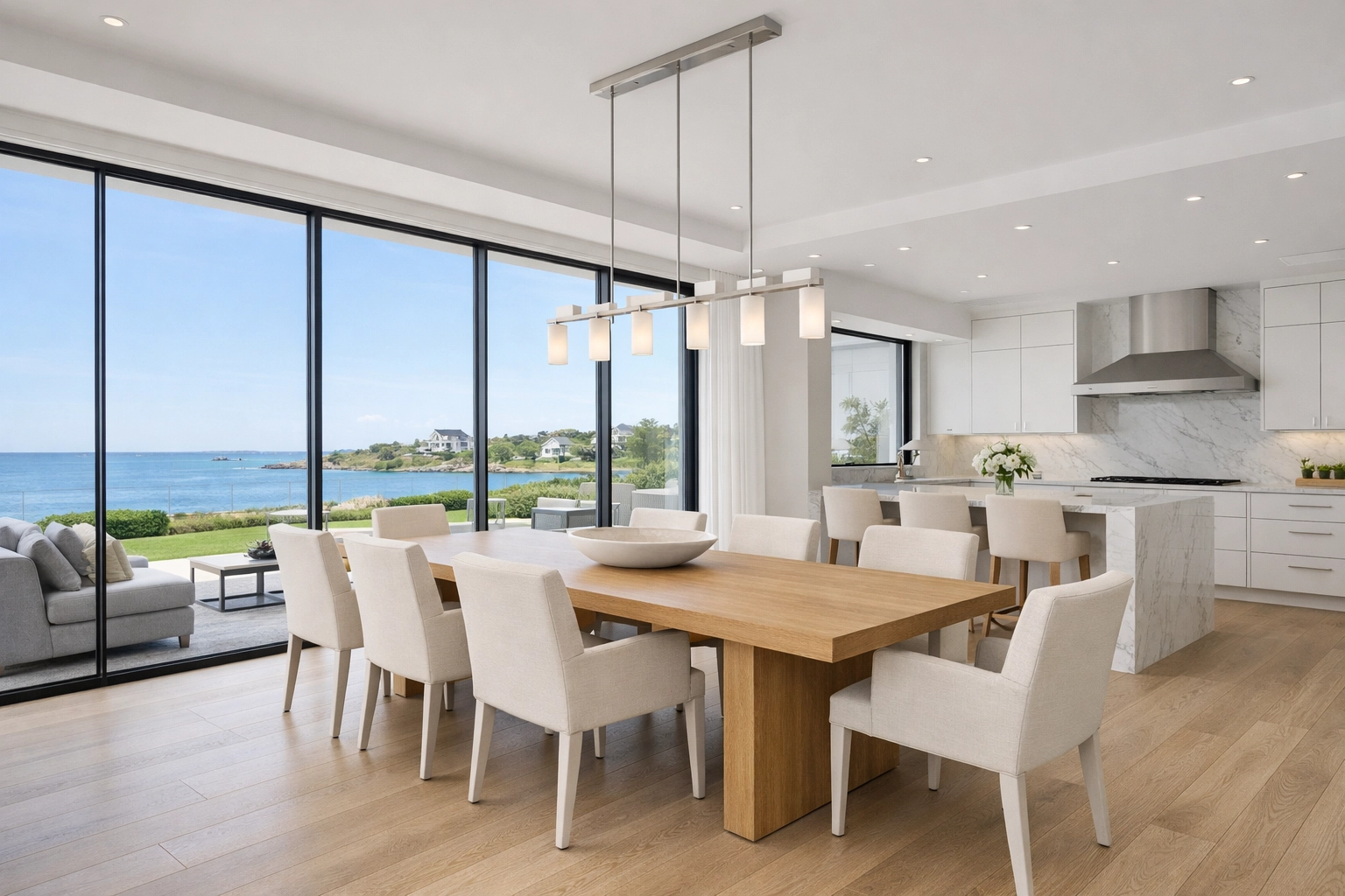 Professional real estate photography in Rhode Island featuring a luxury open-concept living room with HDR clarity.