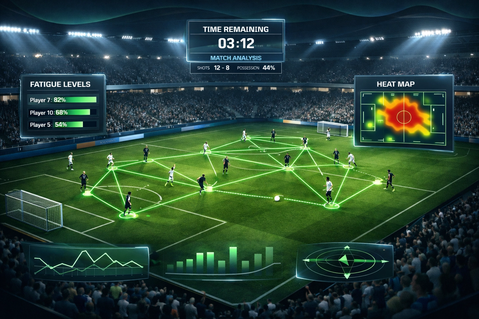 Live player passing networks and fatigue metrics during late-game football match