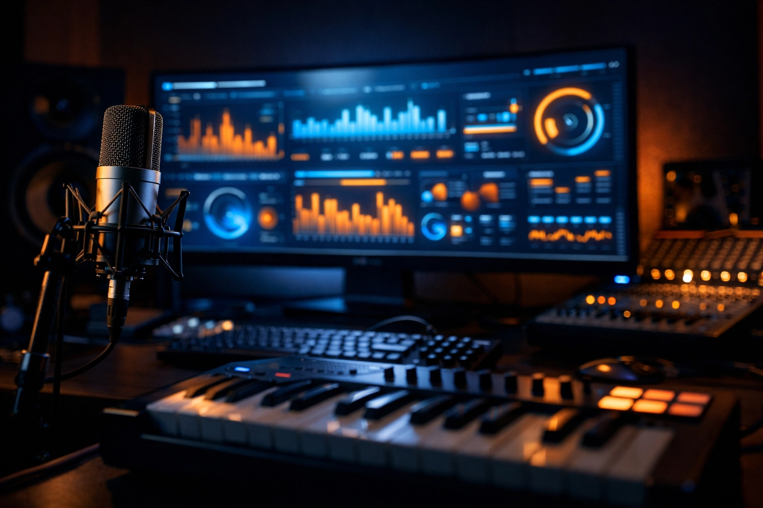 Professional music producer workspace showing data analytics on a monitor for strategic audience engagement.