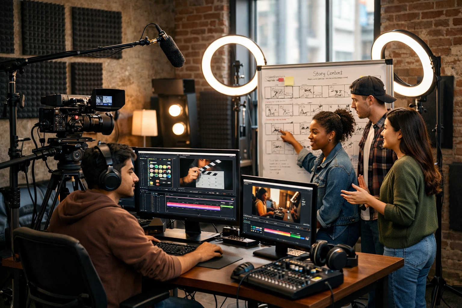 Content creation team producing video project in professional learning pod workspace