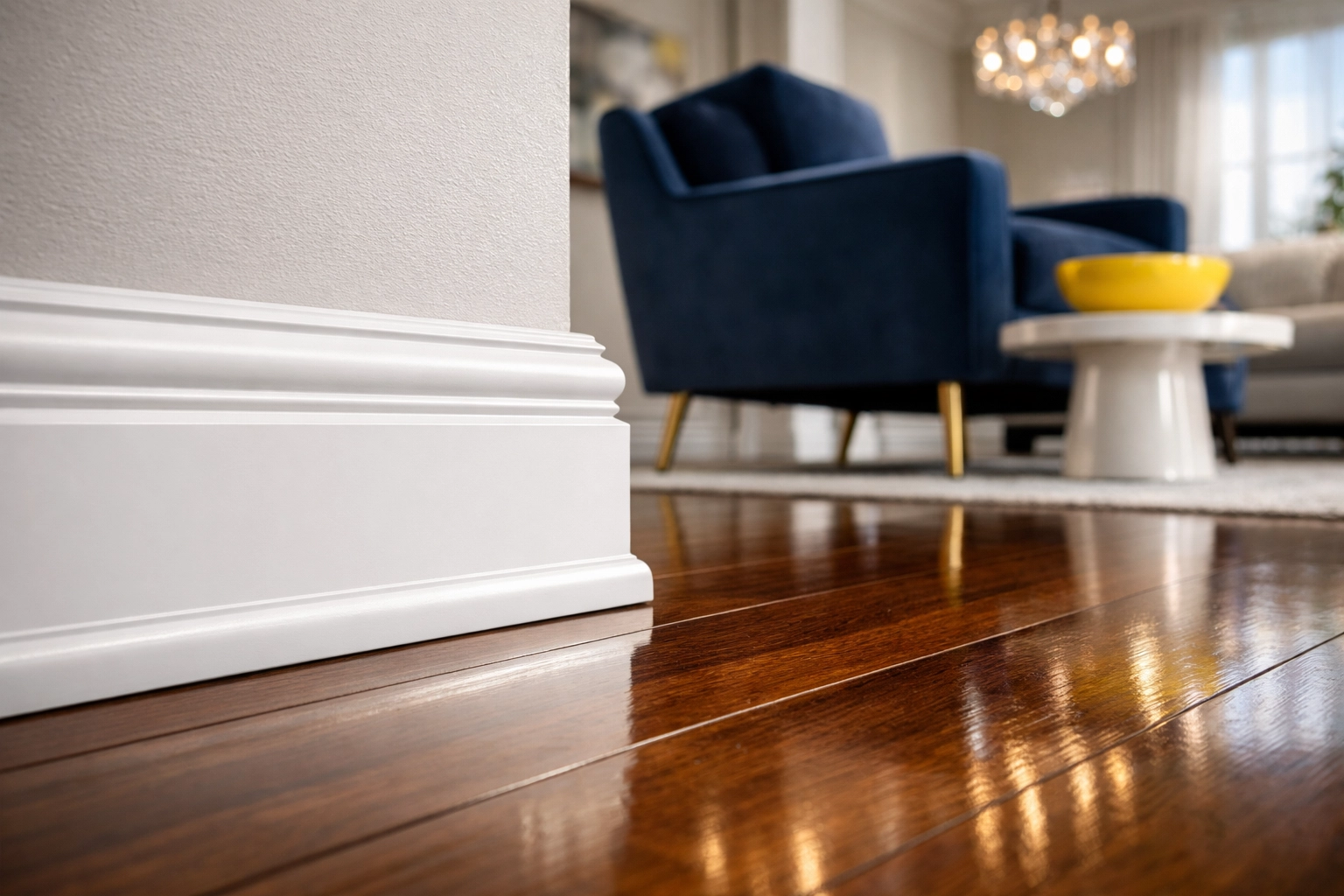Pristine white baseboards and gleaming wood floors after a professional deep cleaning Lowell service.