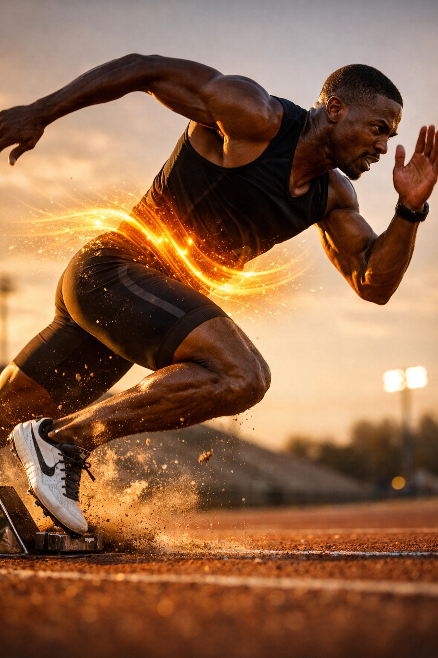 Elite sprinter demonstrating efficient power transfer and pelvic floor stability during an explosive start.