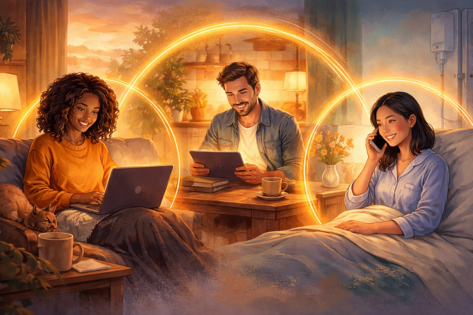 Diverse people staying connected to church online from various locations, illuminated by warm digital screens.