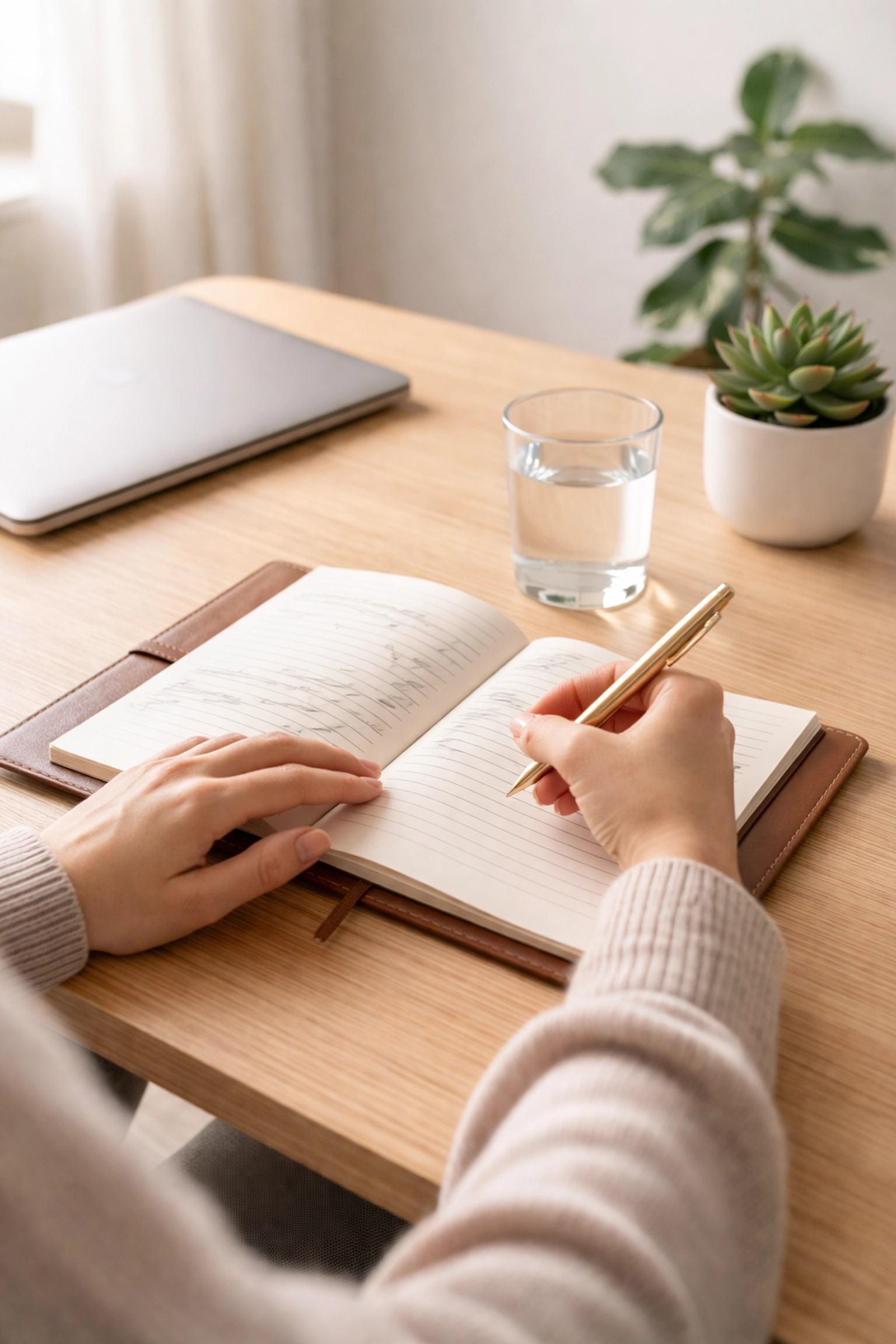 Founder writing in a journal at a calm workspace, illustrating mindful boundary-setting for exhausted entrepreneurs.