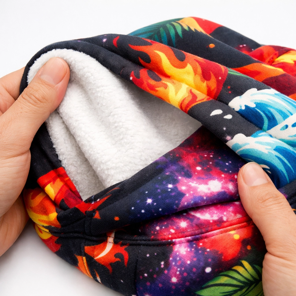 Close-up of PWPTAOS premium cotton hoodie with all-over print design and brushed fleece