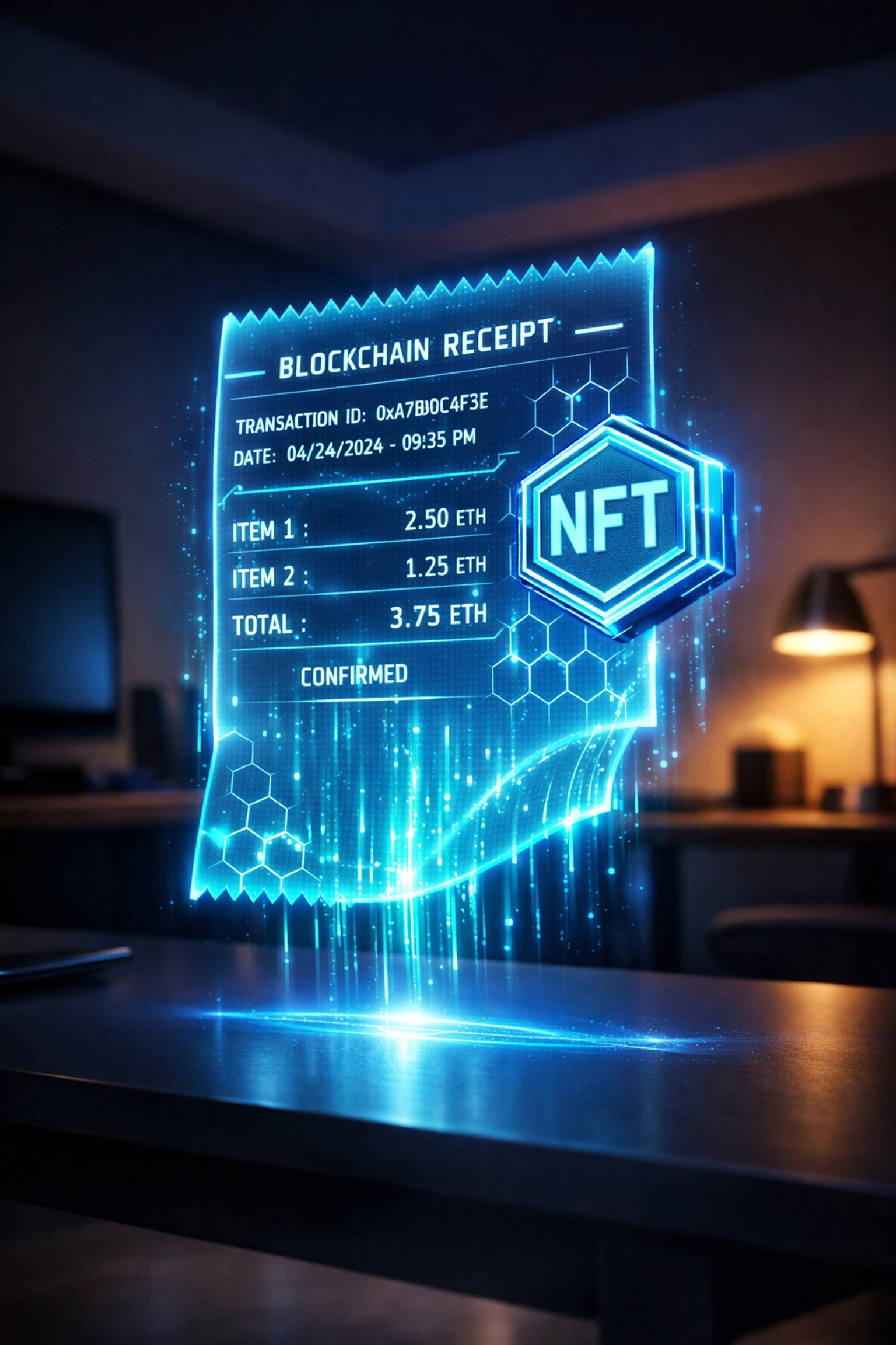 Holographic NFT receipt displaying blockchain transaction data for crypto payment verification