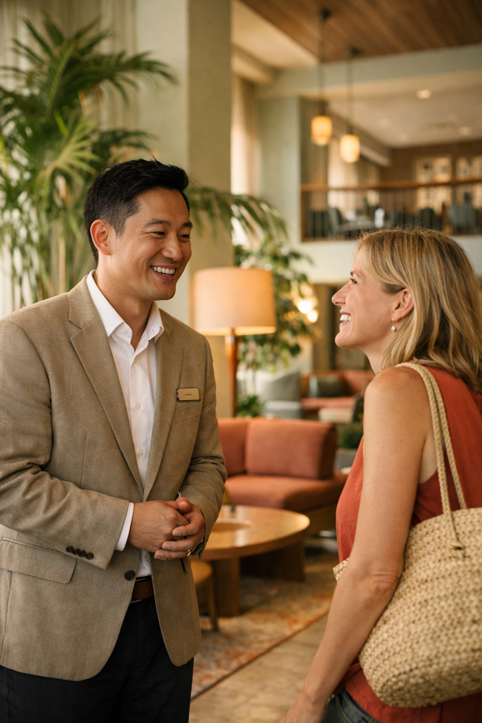 Hotel staff interacting with a guest in a bright lobby, freed by automated hotel management software.
