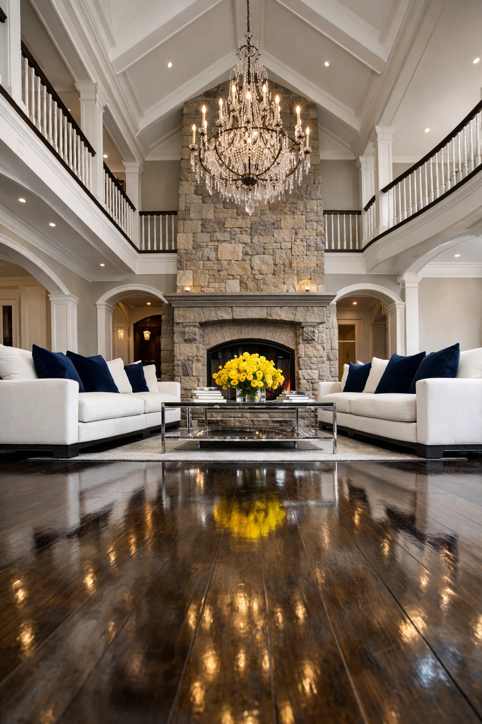 Large Boxford estate living room with polished hardwood floors and professional Boxford luxury cleaning.